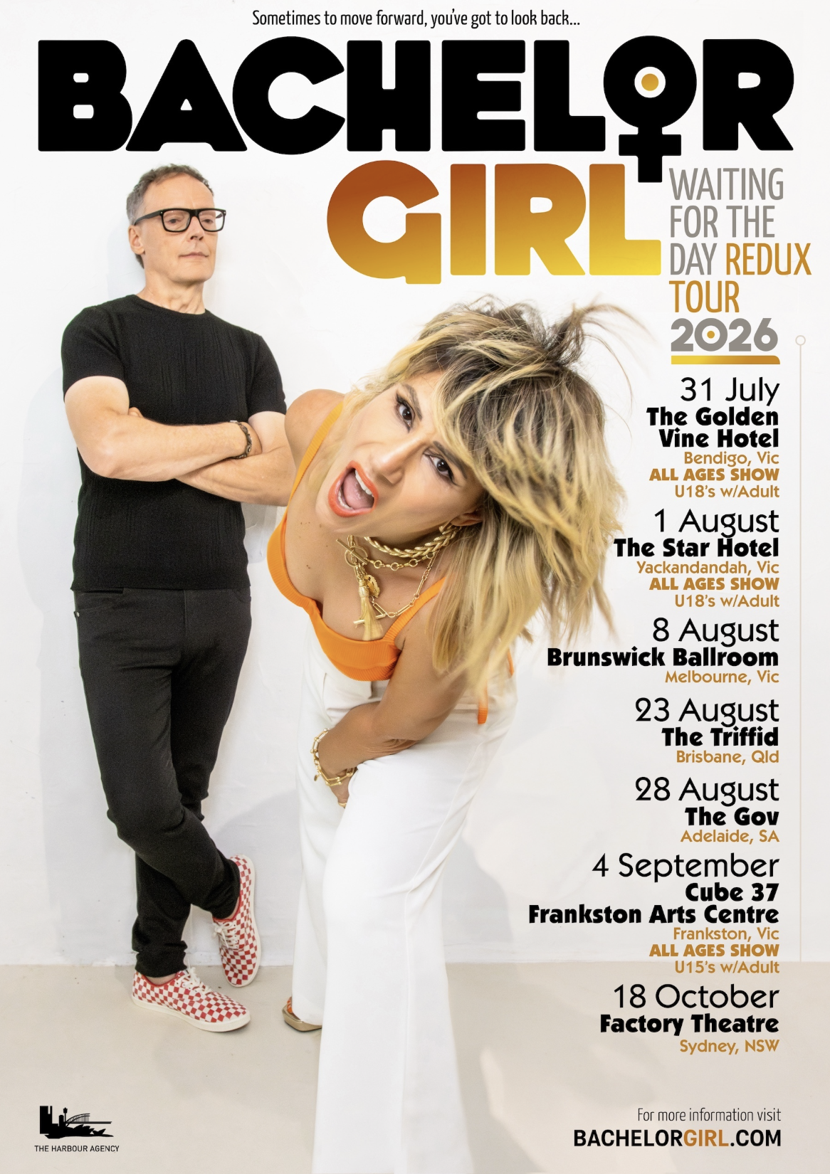 Bachelor Girl 2026 Waiting for the Day Redux Tour poster featuring the duo posing on white alongside a list of Australian concert dates.
