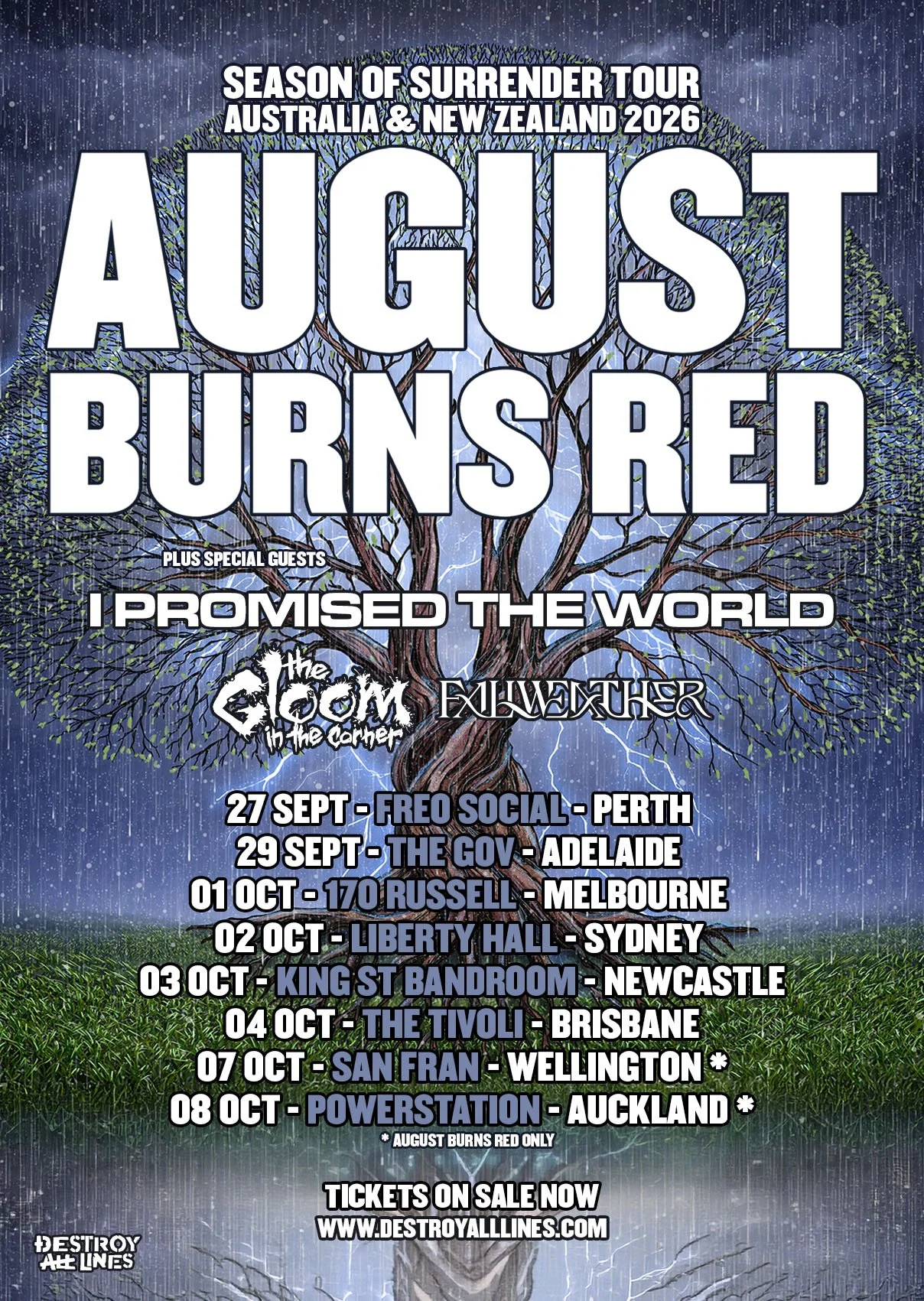 August Burns Red 2026 Season of Surrender Tour poster for Australia & New Zealand with guests I Promised The World, The Gloom in the Corner.