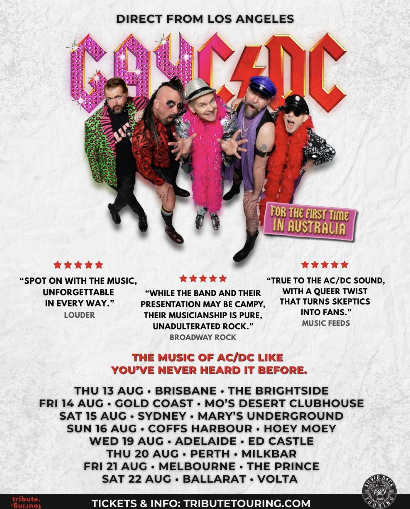 GAYC/DC Australian Tour 2026 poster. Features August dates for Brisbane, Sydney, Melbourne, and Perth. AC/DC tribute with a queer twist.