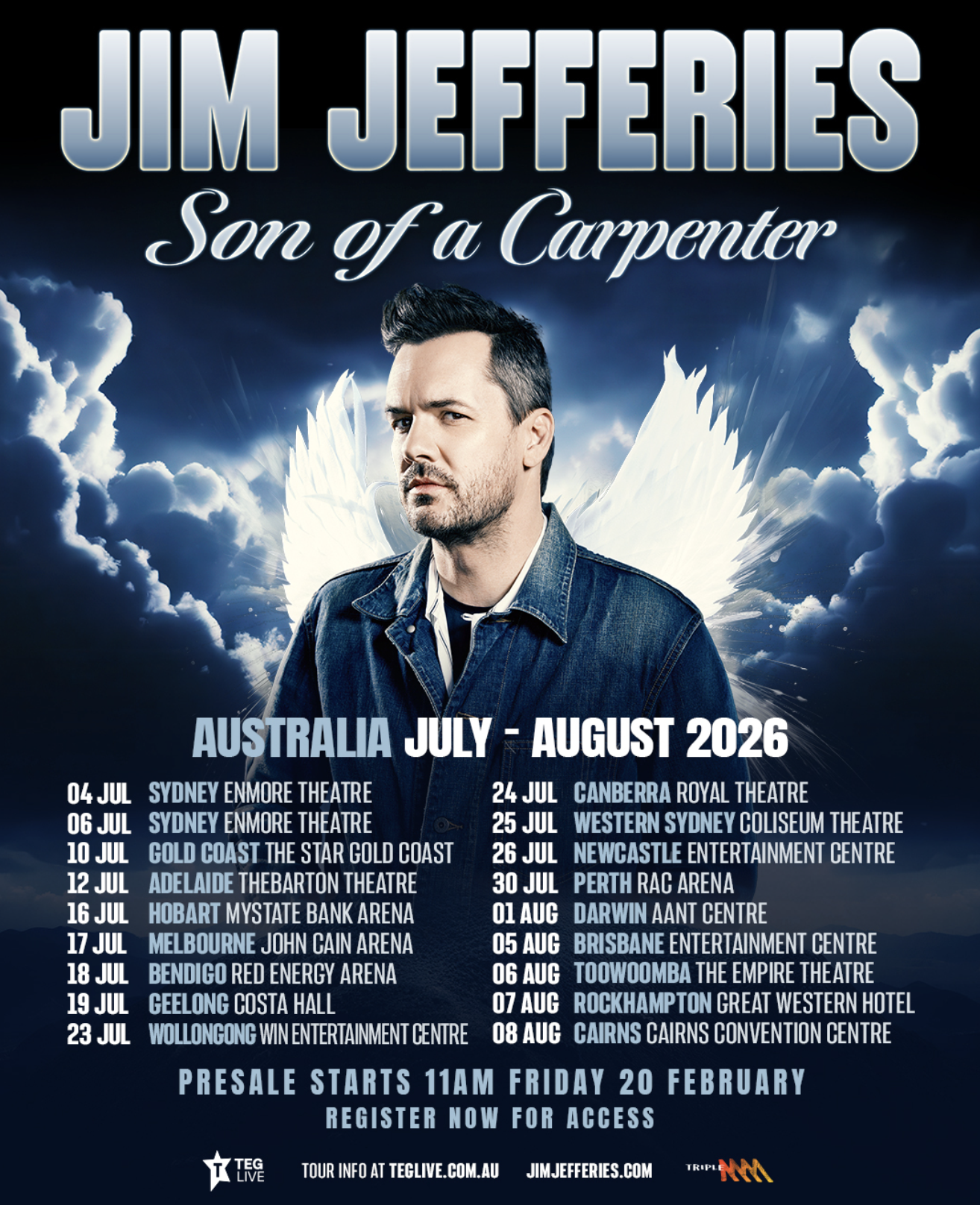 Jim Jefferies "Son of a Carpenter" 2026 Australia tour poster featuring dates for Sydney, Melbourne, and Brisbane with angel wing imagery.
