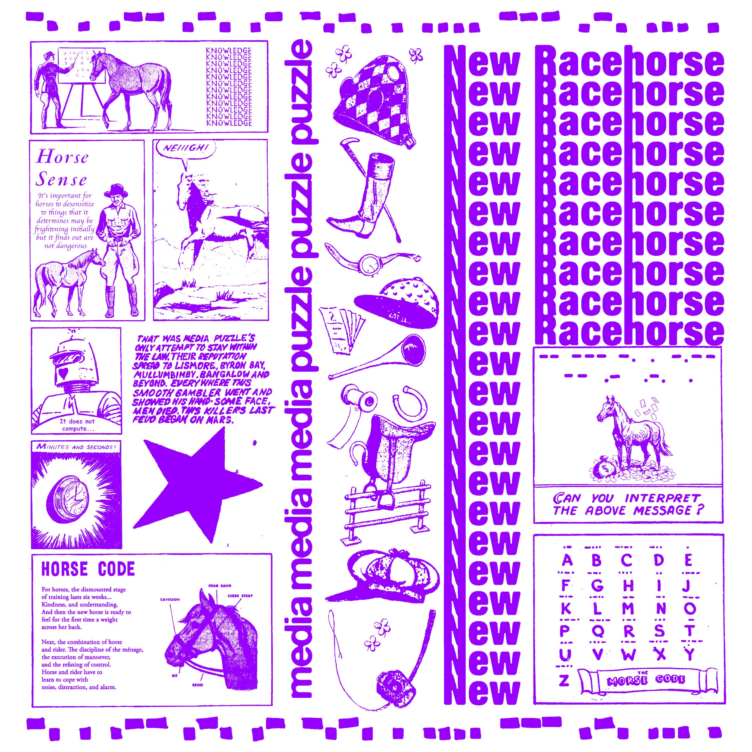 Media Puzzle 'New Racehorse' single cover art. Purple and white collage design featuring horses, Morse code, and vintage illustrations. Indie rock.