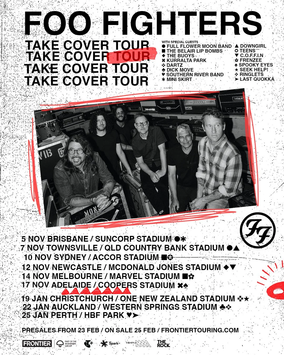 Foo Fighters Take Cover Tour poster featuring band photo and 2026-2027 dates for Australia and New Zealand. Special guests and ticket info included.