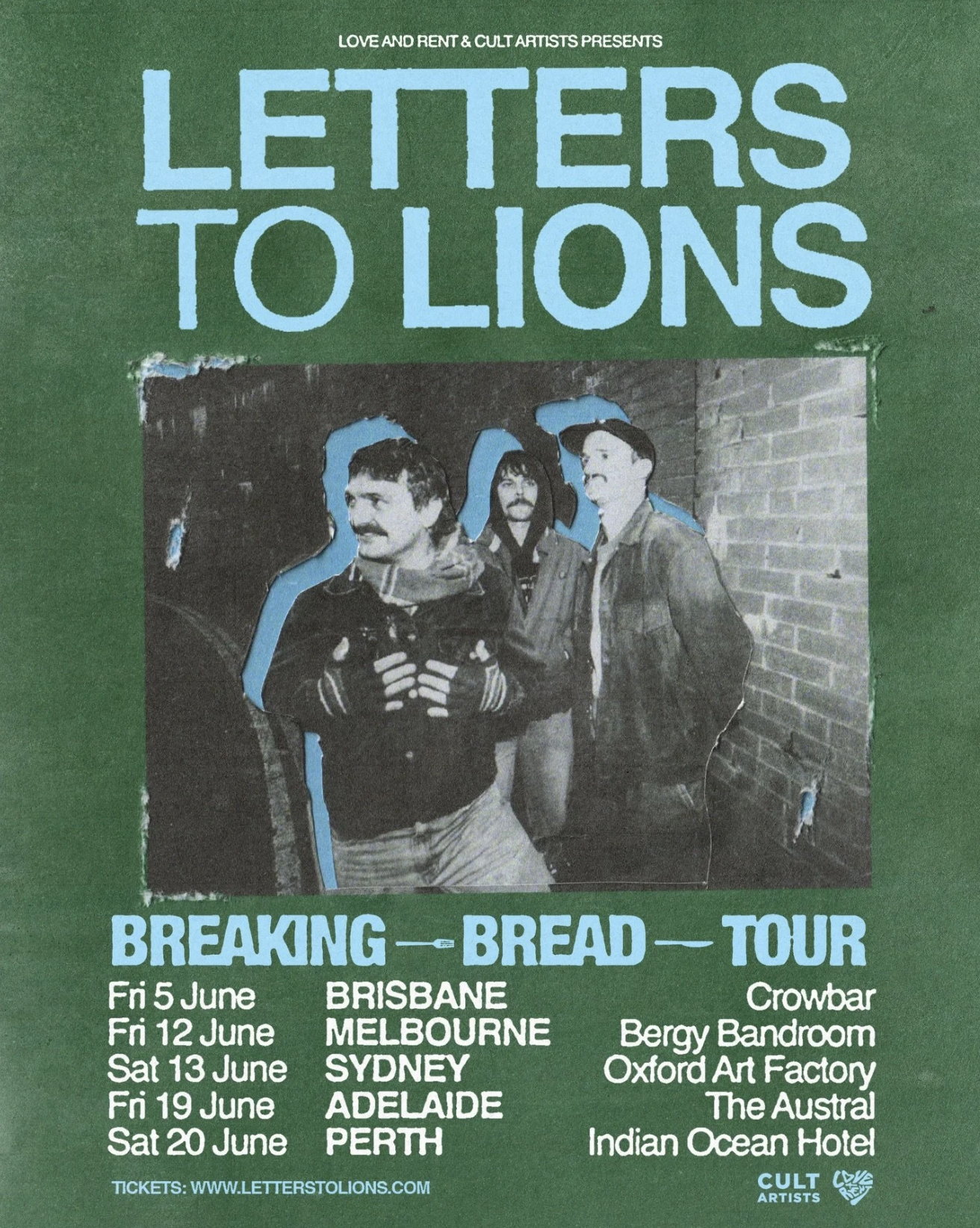 Letters To Lions 'Breaking Bread Tour' poster with dates for Brisbane, Melbourne, Sydney, Adelaide, Perth. Green design with band photo. (141 characters)