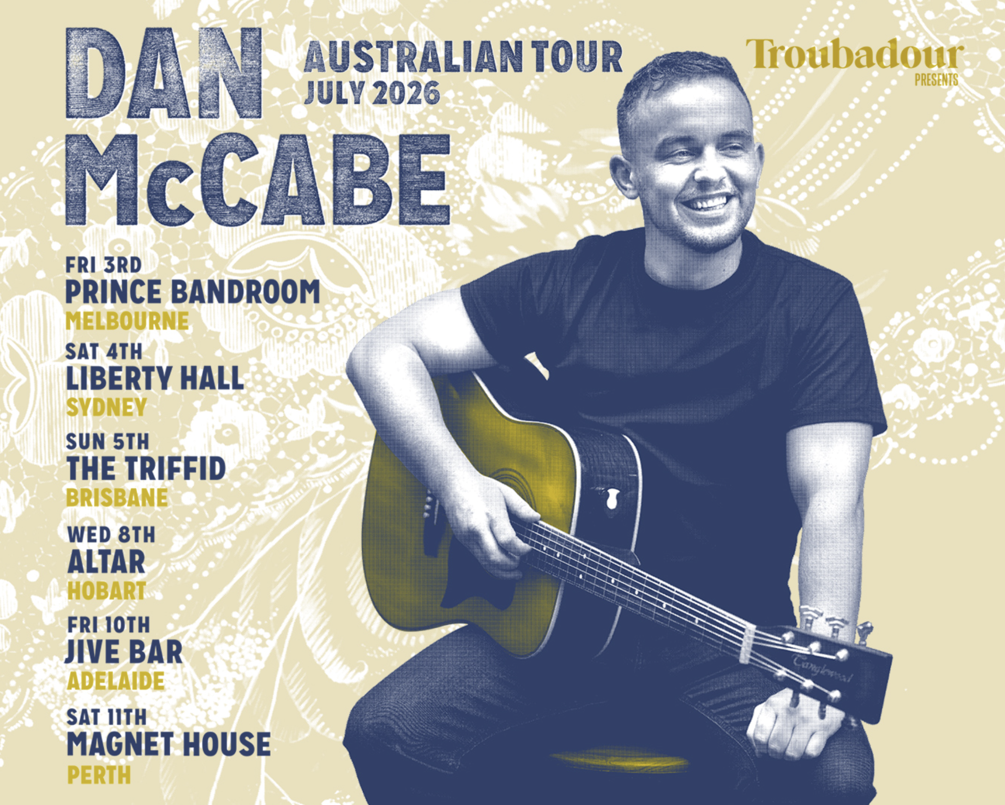 Promo poster for Irish musician Dan McCabe's July 2026 Australian tour. Features tour dates for Melbourne, Sydney, Brisbane, Hobart, Adelaide, and Perth.