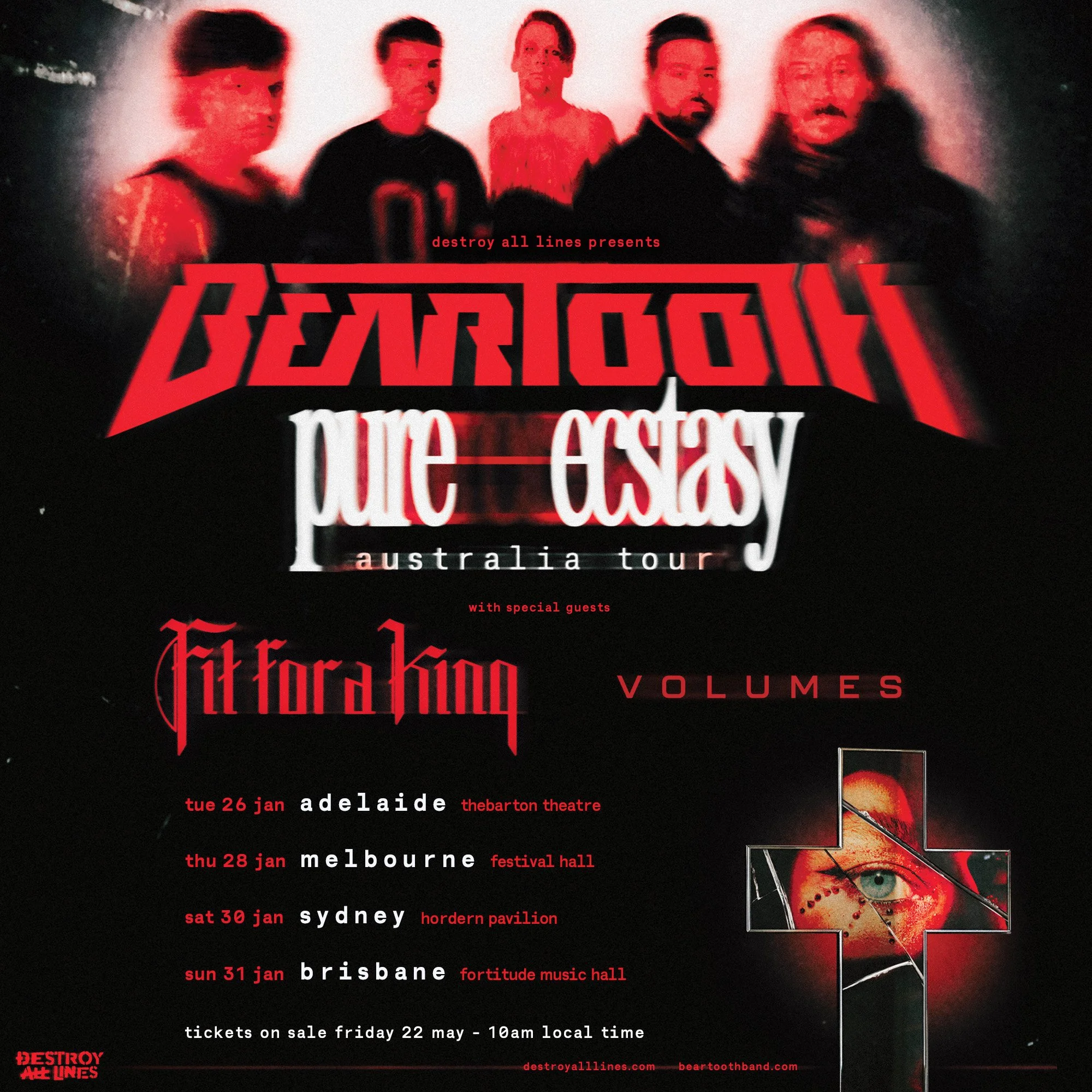 Beartooth Pure Ecstasy Australia tour poster featuring Fit For A King and Volumes, with a red-tinted band photo and a cross graphic at the bottom.