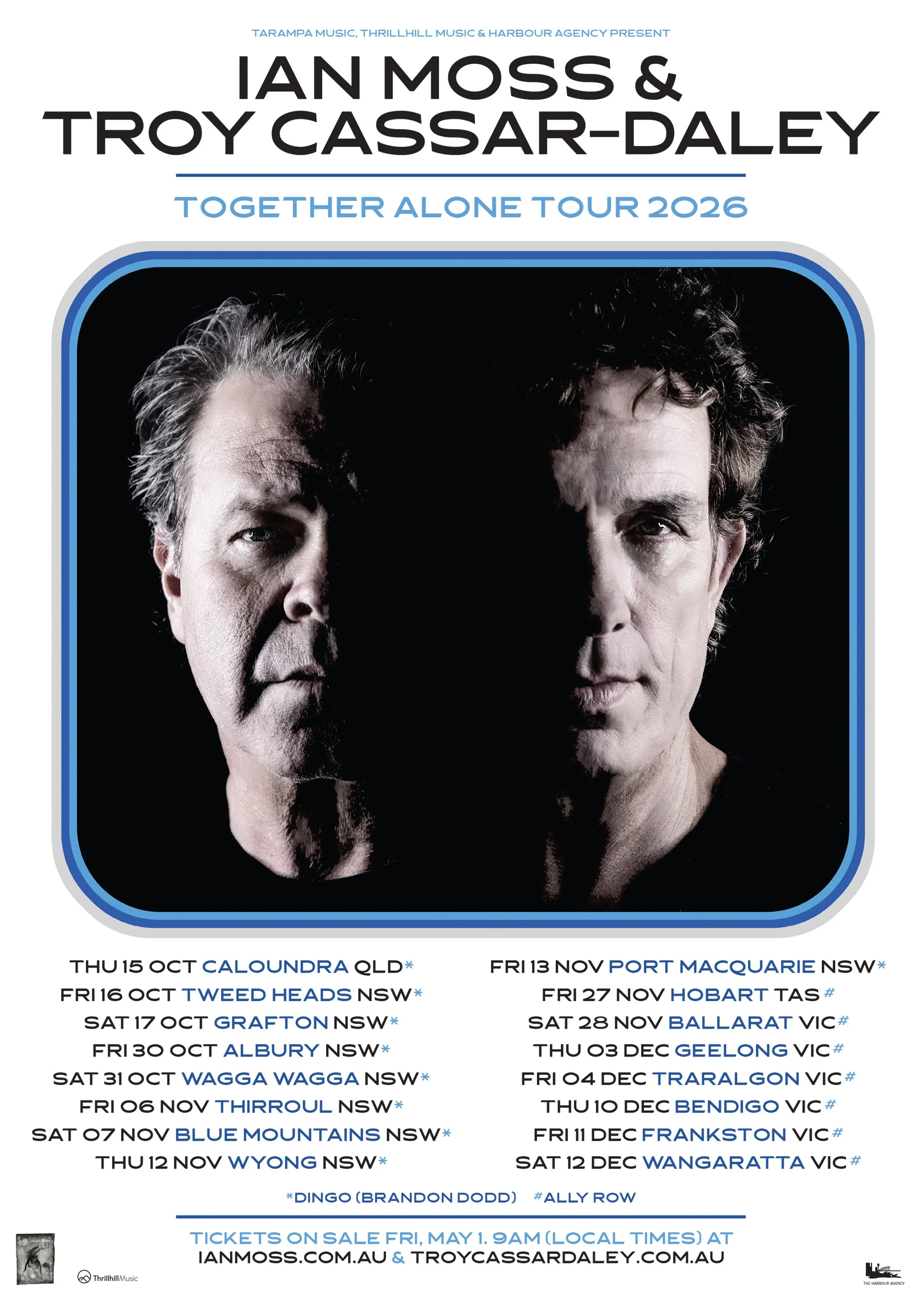 Tour poster for Ian Moss & Troy Cassar-Daley’s Together Alone Tour 2026. Includes Oct-Dec Australian dates and ticket info for these music legends.