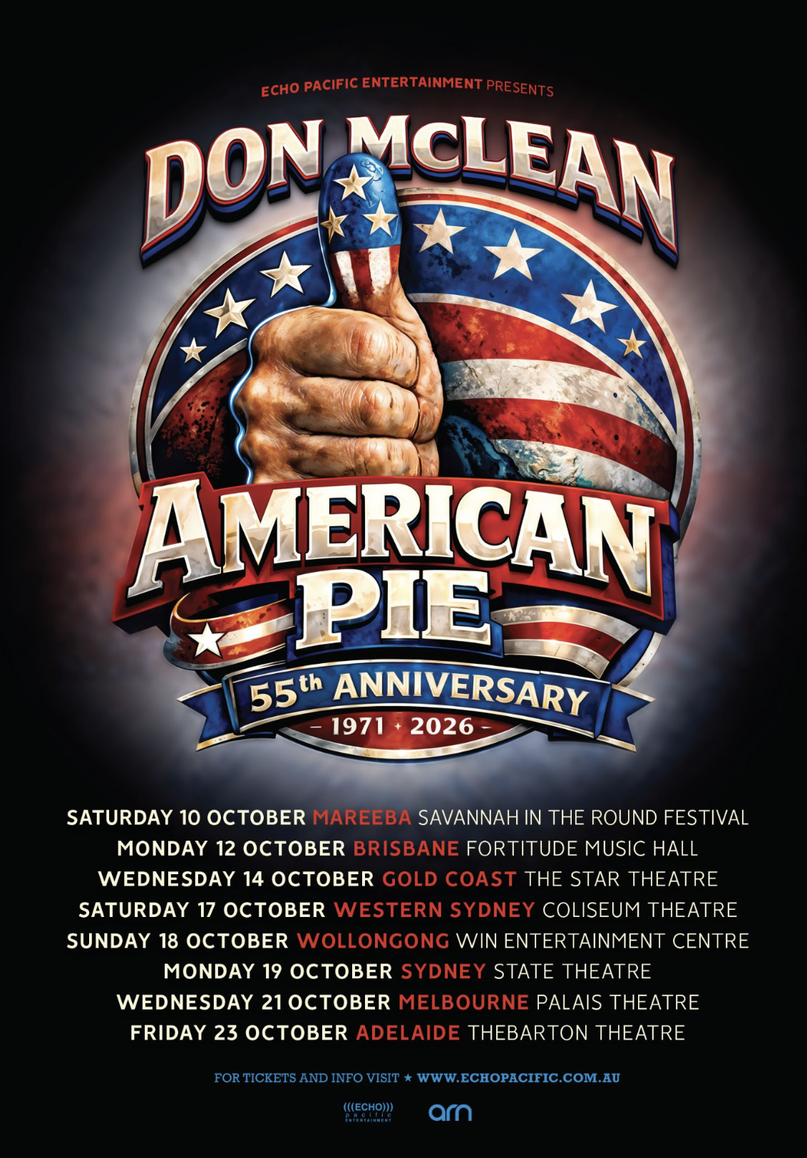 Don McLean American Pie 55th Anniversary Tour 2026 poster featuring Australian dates in Sydney, Melbourne, and Brisbane with iconic thumbs-up art.