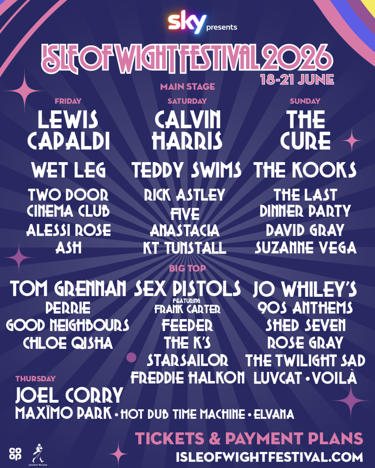 Isle of Wight Festival 2026 poster. June 18-21 lineup featuring Lewis Capaldi, Calvin Harris, The Cure, Wet Leg, and Two Door Cinema Club.