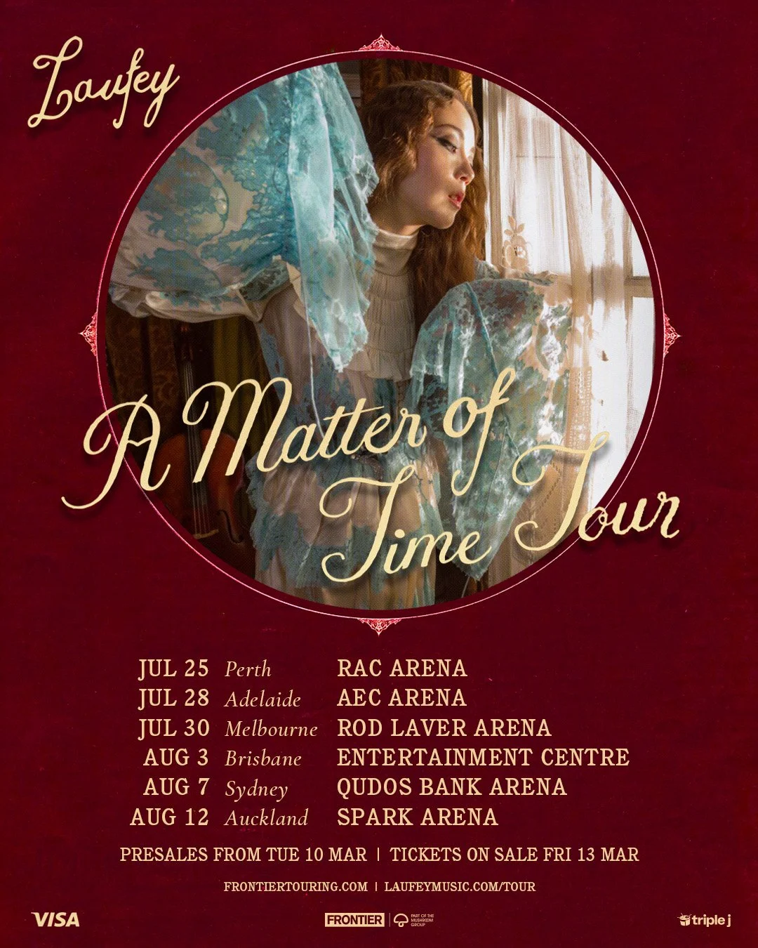 Laufey "A Matter of Time Tour" 2026 poster. Australian and NZ dates for Perth, Adelaide, Melbourne, Brisbane, Sydney, and Auckland arenas.