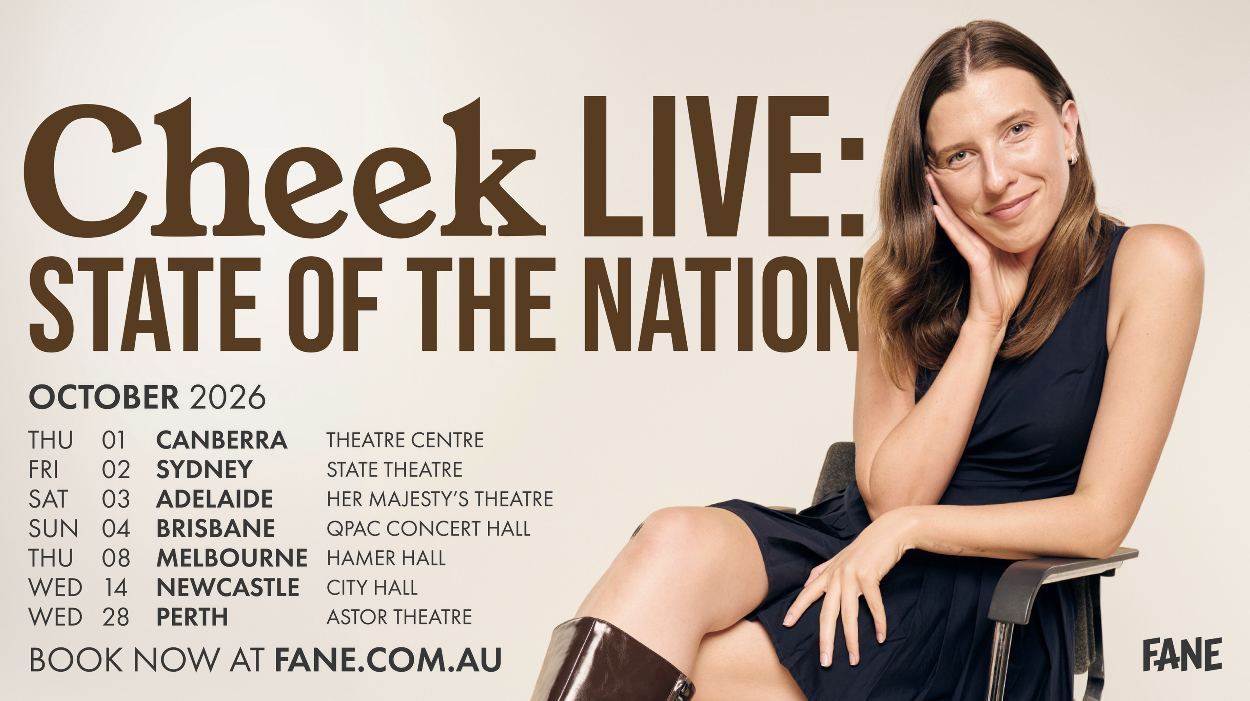 Hannah Ferguson Cheek Live: State of the Nation 2026 Australian tour poster listing show dates for Sydney, Melbourne, Brisbane, and Adelaide.