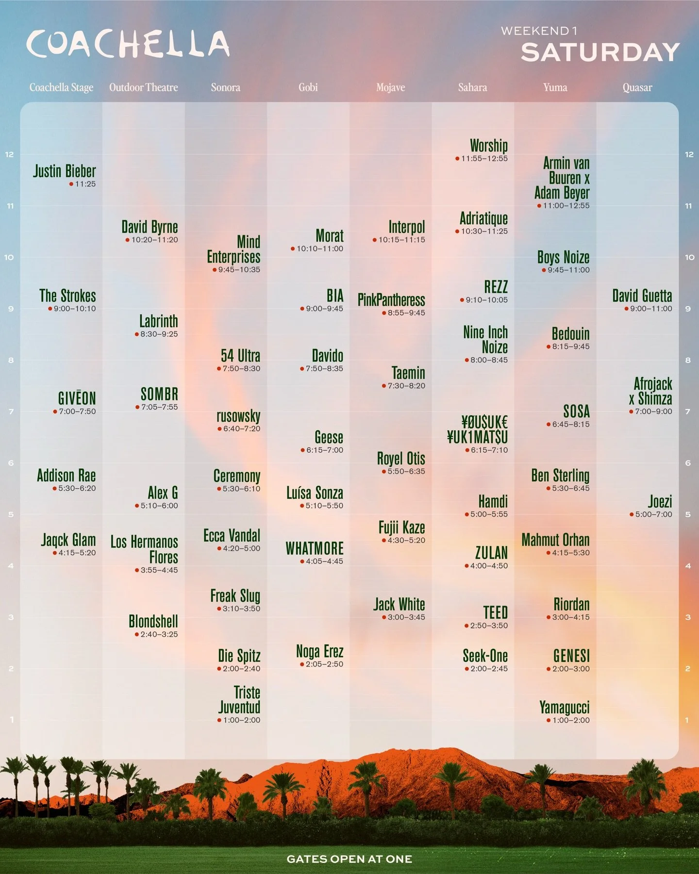 Coachella Weekend 1 Saturday set times schedule featuring Justin Bieber, The Strokes, and David Byrne across the main stage and outdoor theaters.