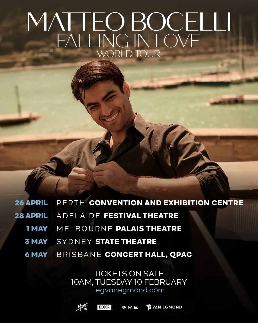 Tour poster for Matteo Bocelli's "Falling In Love World Tour" featuring Australian dates in April and May. Tickets on sale at tegvanegmond.com.