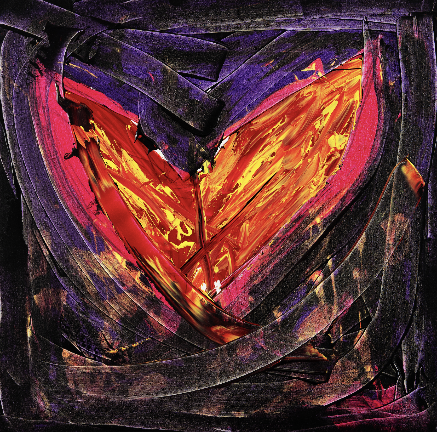 Abstract heart painting in red, yellow, and pink surrounded by thick black and purple brushstrokes. Snow Patrol and Kylie single cover art.
