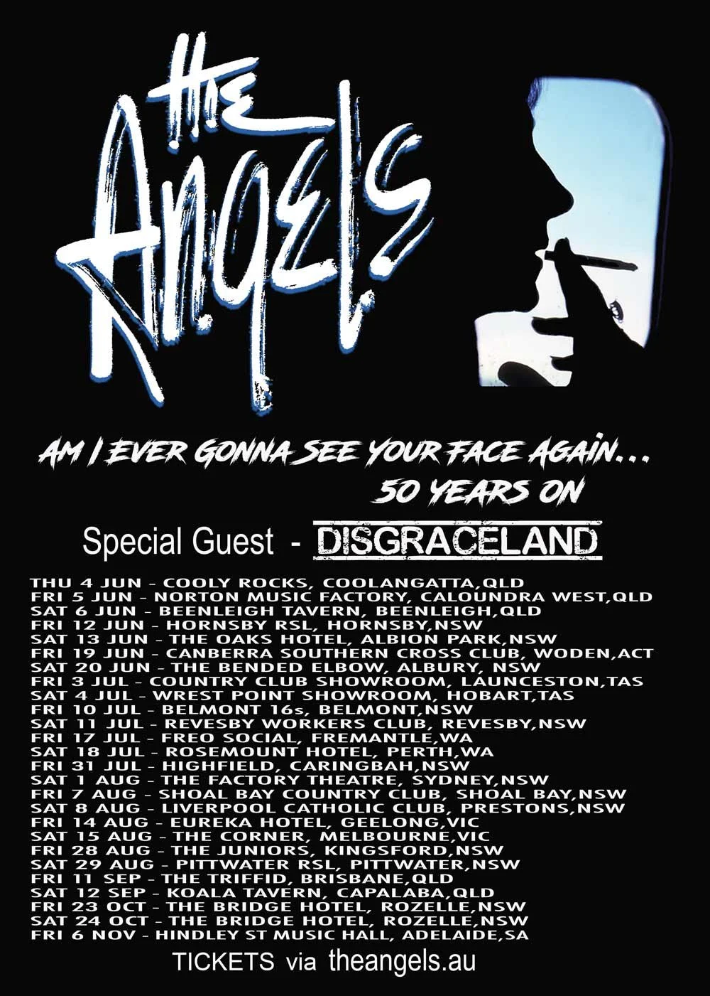 Tour poster for The Angels "Am I Ever Gonna See Your Face Again... 50 Years On" 2026 Australian tour with special guest Disgraceland. Aussie rock SEO.