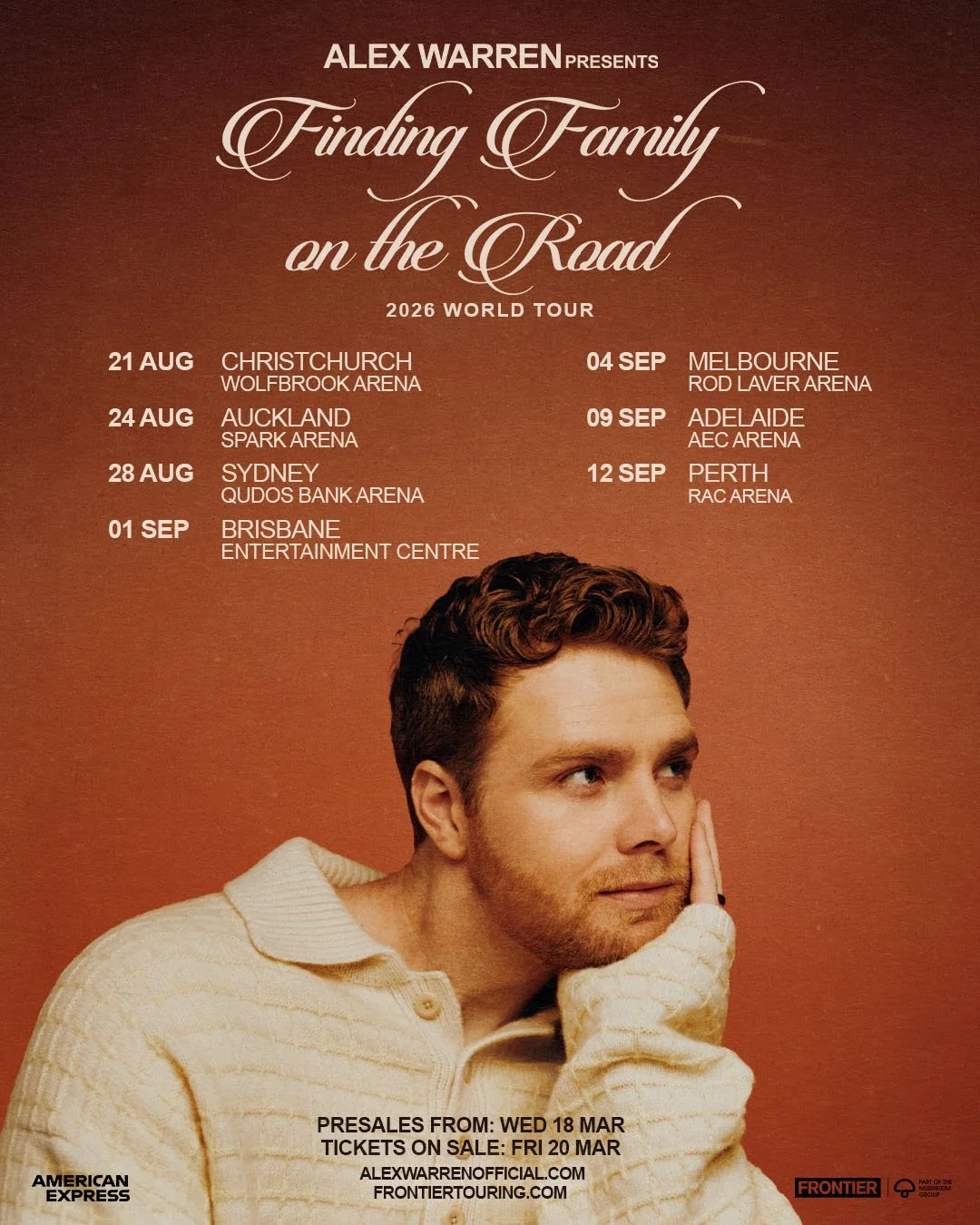 Tour poster for Alex Warren’s "Finding Family on the Road" 2026 World Tour, featuring dates in Sydney, Brisbane, Melbourne, Adelaide, and Perth.