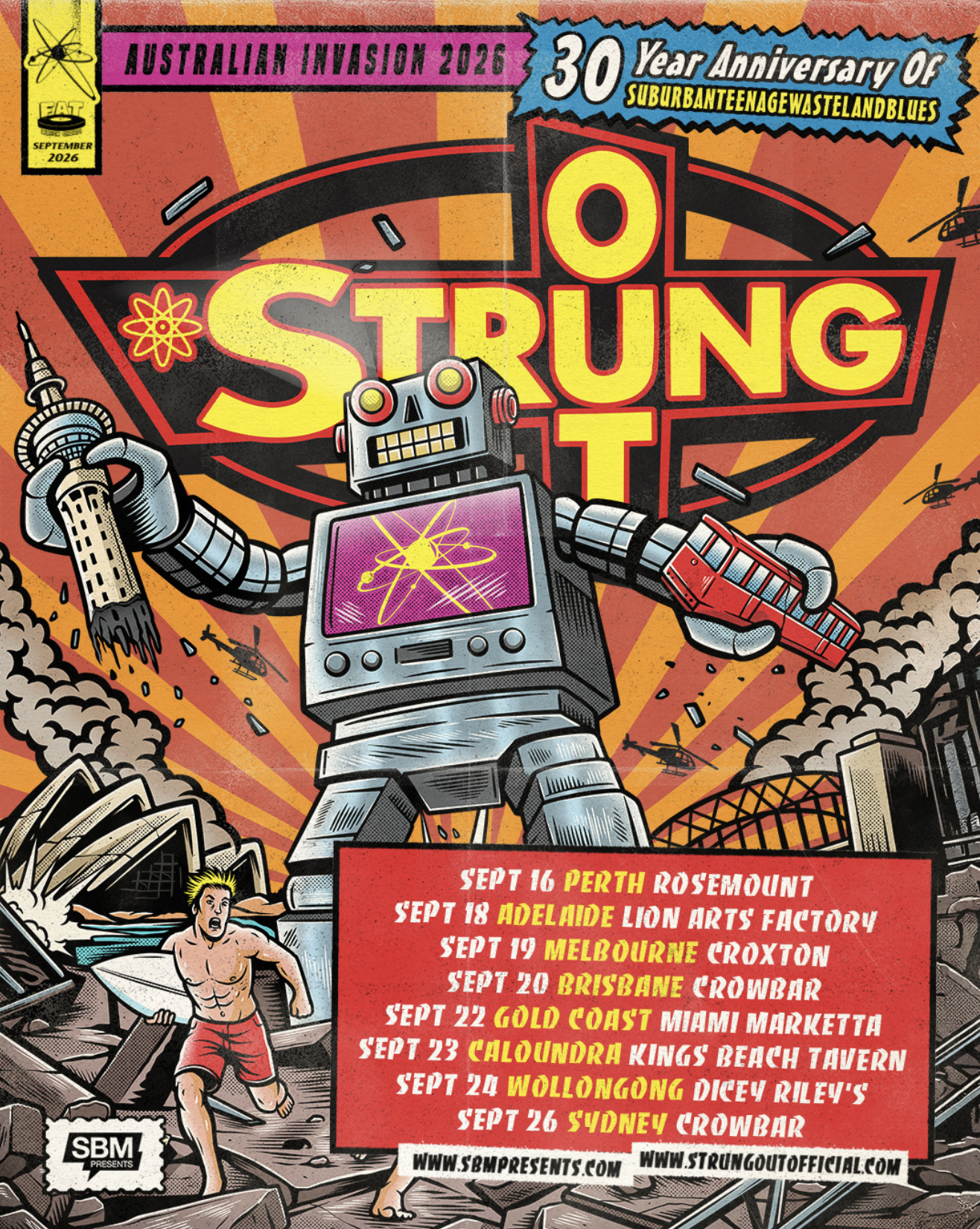 Tour poster for Strung Out’s 2026 Australian Invasion tour. Celebrating 30 years of Suburban Teenage Wasteland Blues with September dates nationwide.