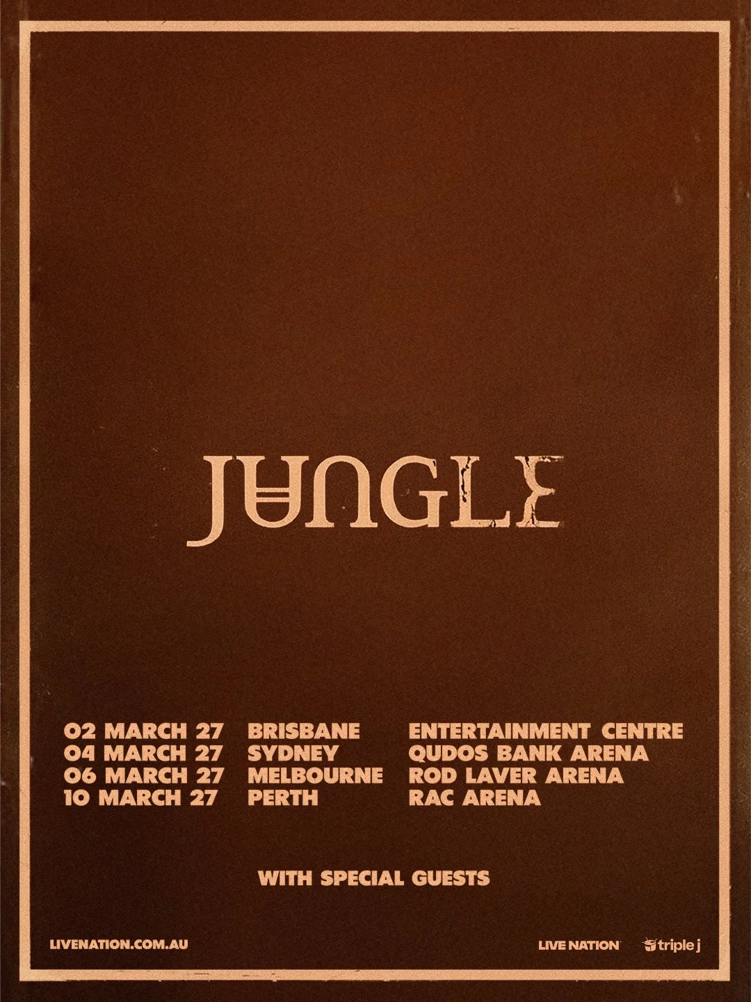 Jungle Australian tour poster in brown and tan, listing March 2027 concert dates for Brisbane, Sydney, Melbourne, and Perth arenas