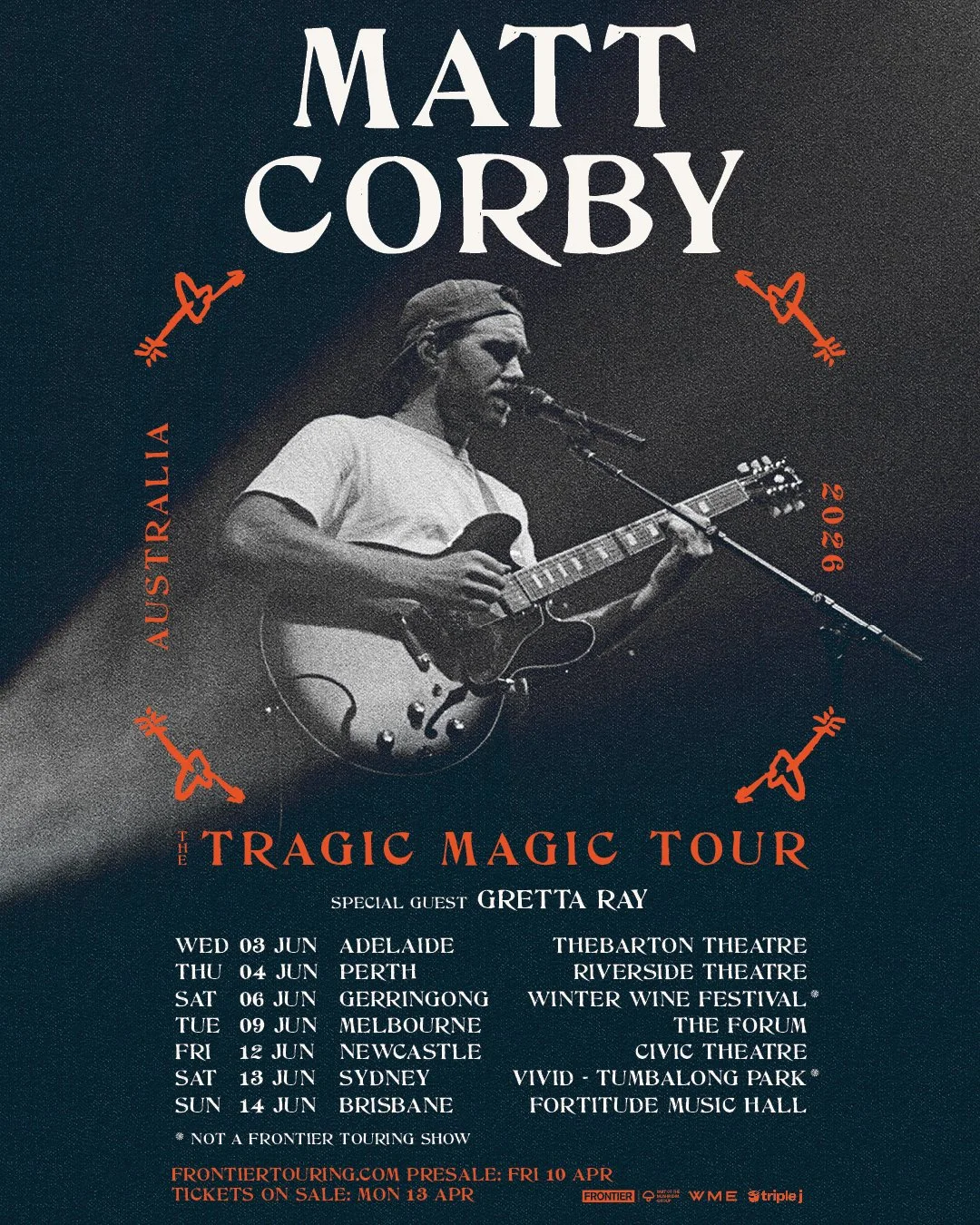 Matt Corby "The Tragic Magic Tour" 2026 Australia poster with Gretta Ray. Includes tour dates for Adelaide, Perth, Melbourne, Sydney, and Brisbane.