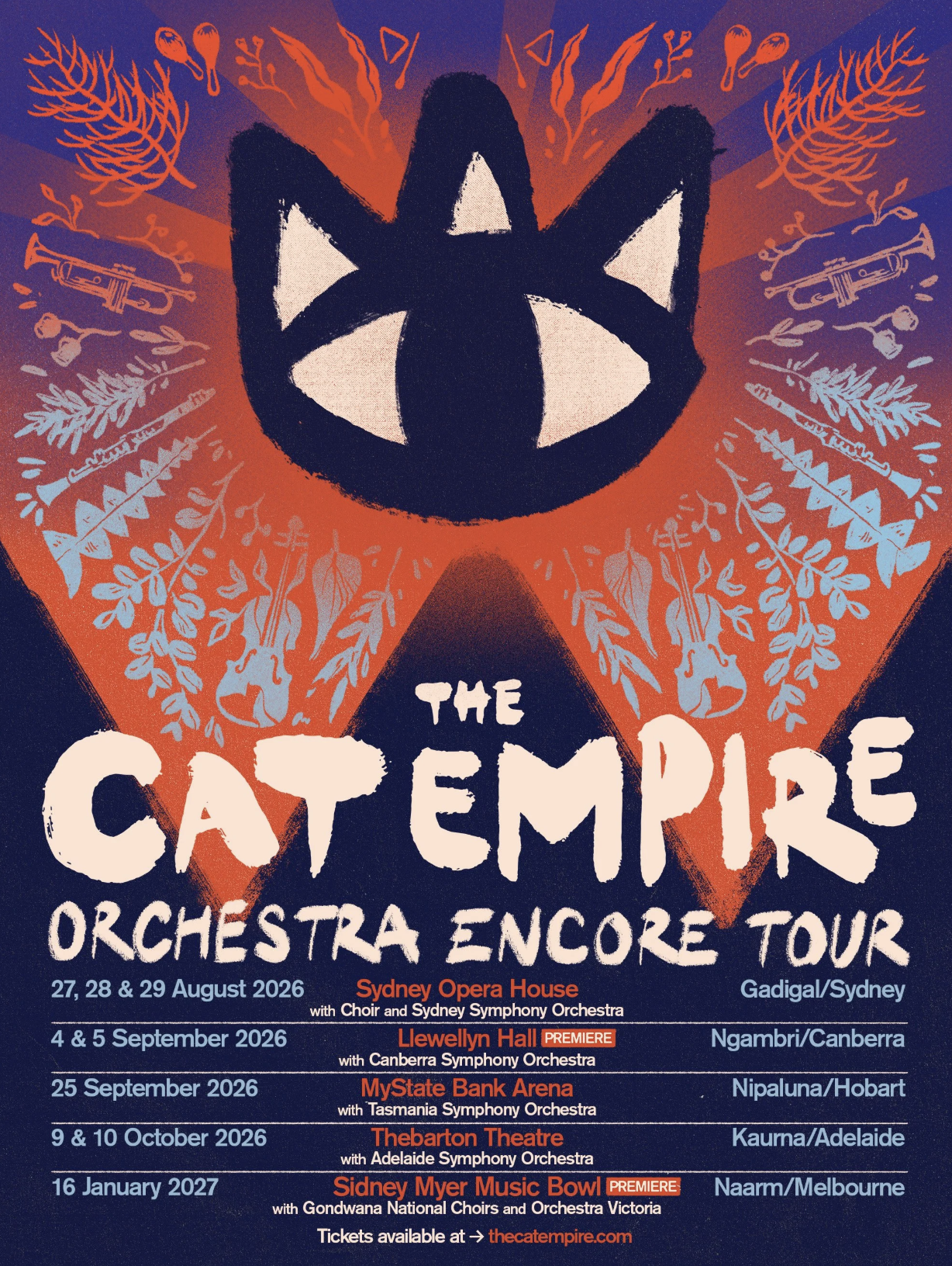 The Cat Empire Orchestra Encore Tour 2026-2027 poster. Artistic logo on red/blue background with dates for Sydney, Canberra, Hobart, Adelaide & Melbourne.