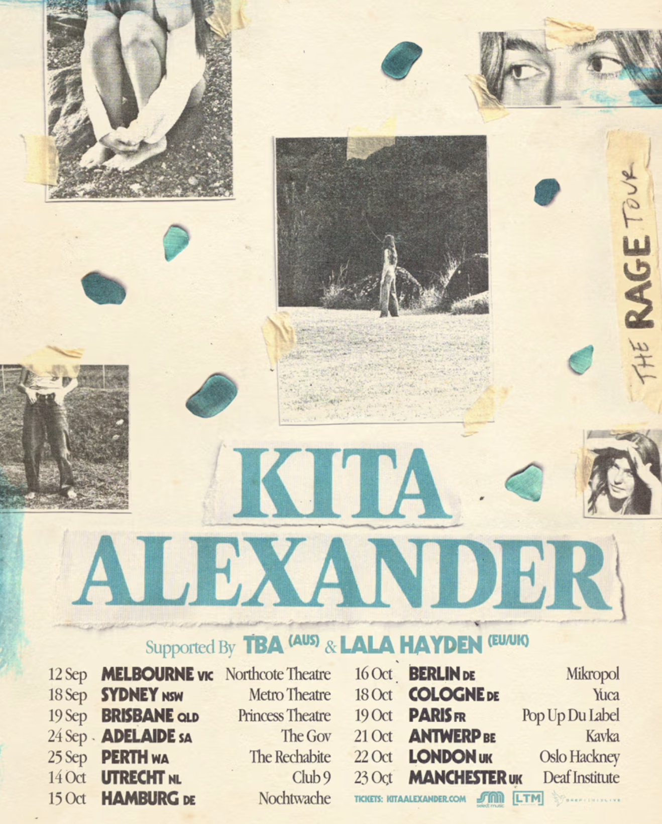 Kita Alexander 'The Rage Tour' poster with Australia & Europe dates. Scrapbook style with photos. Dates for Sydney, Melbourne, London, Paris. (149 characters)