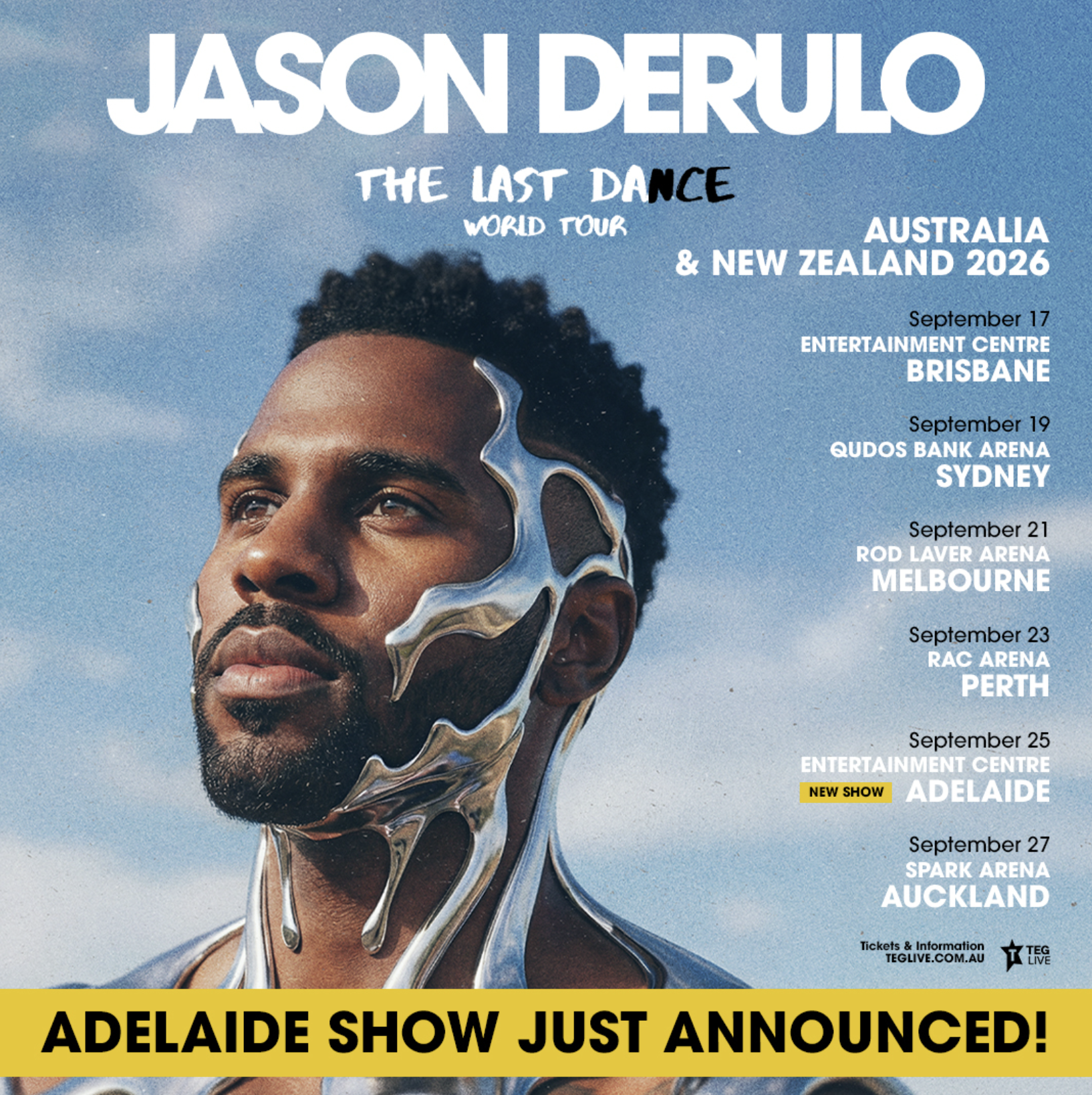 Jason Derulo tour poster for The Last Dance World Tour 2026 in Australia & New Zealand, featuring concert dates and a new Adelaide show.