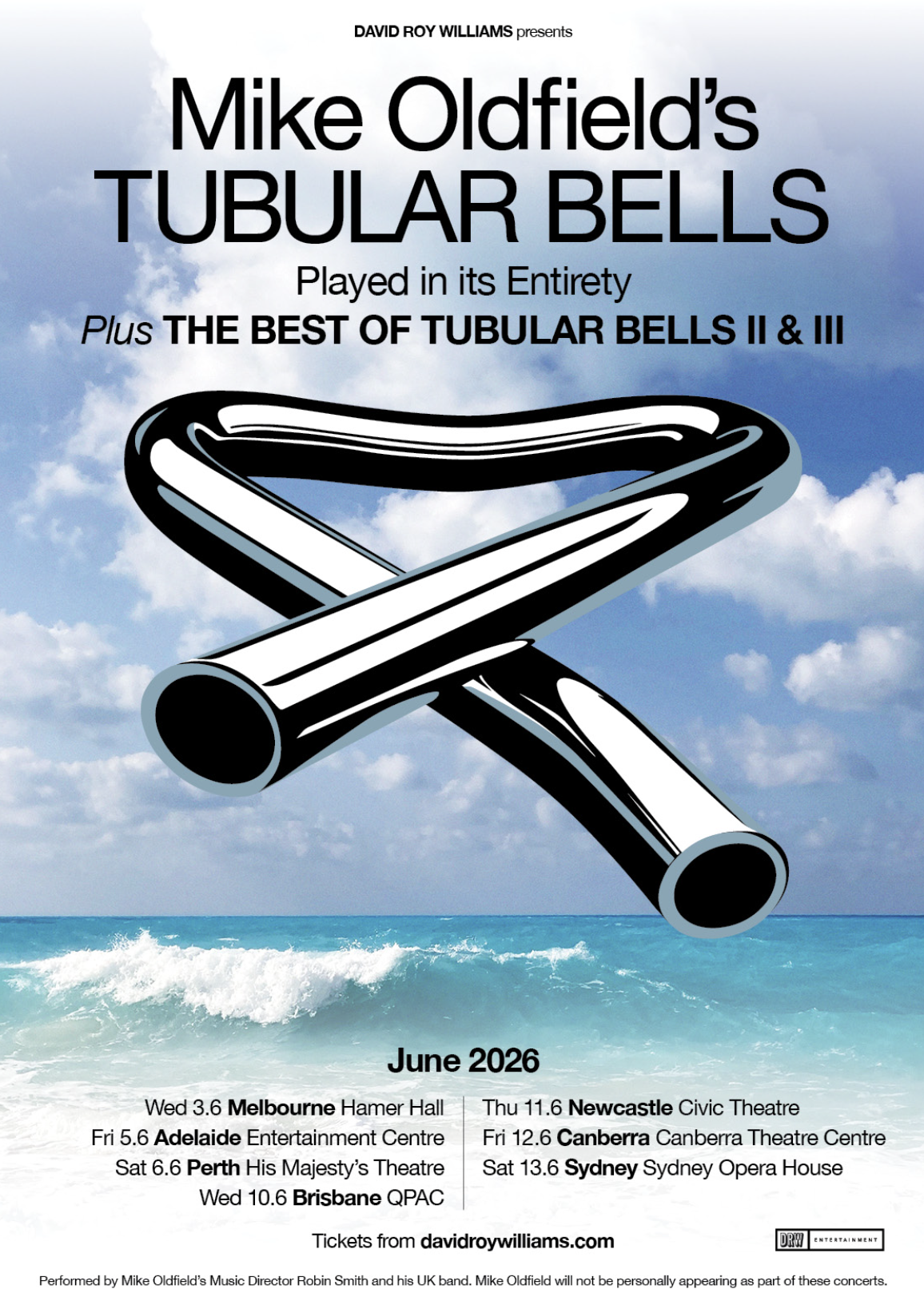 Mike Oldfield's Tubular Bells 2026 tour poster featuring the iconic bent chrome bell over a sunny ocean. Lists June dates for Australian cities.