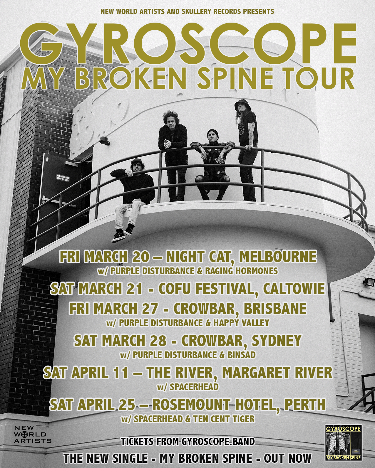 Alt-text: Gyroscope "My Broken Spine Tour" 2026 poster with March and April dates for Melbourne, Sydney, Brisbane, and Perth on a dark blue background.