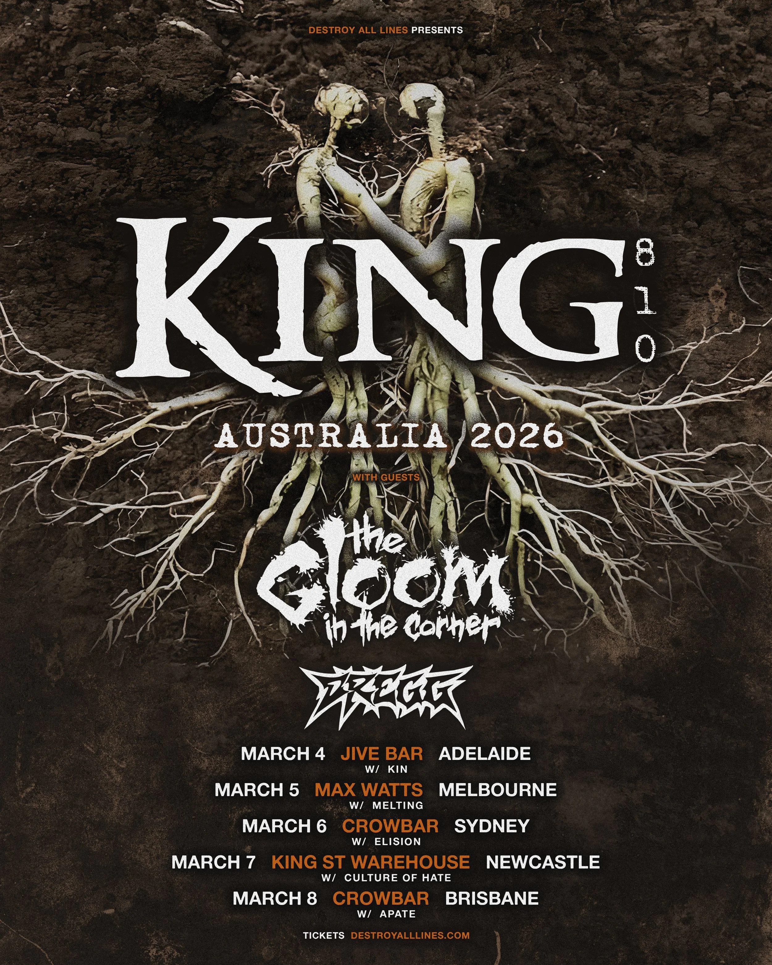King 810 "Australia 2026" tour poster with The Gloom In The Corner and Dregg. March dates for Adelaide, Melbourne, Sydney, Newcastle, and Brisbane.