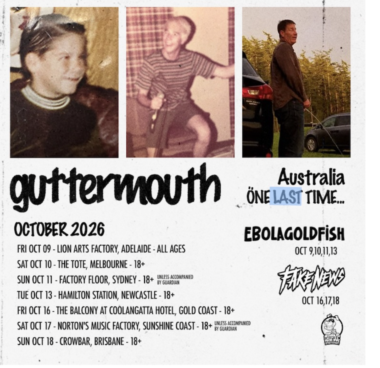 Guttermouth "Australia One Last Time" 2026 tour poster featuring October dates for Adelaide, Melbourne, Sydney, and Brisbane with guests Ebolagoldfish.