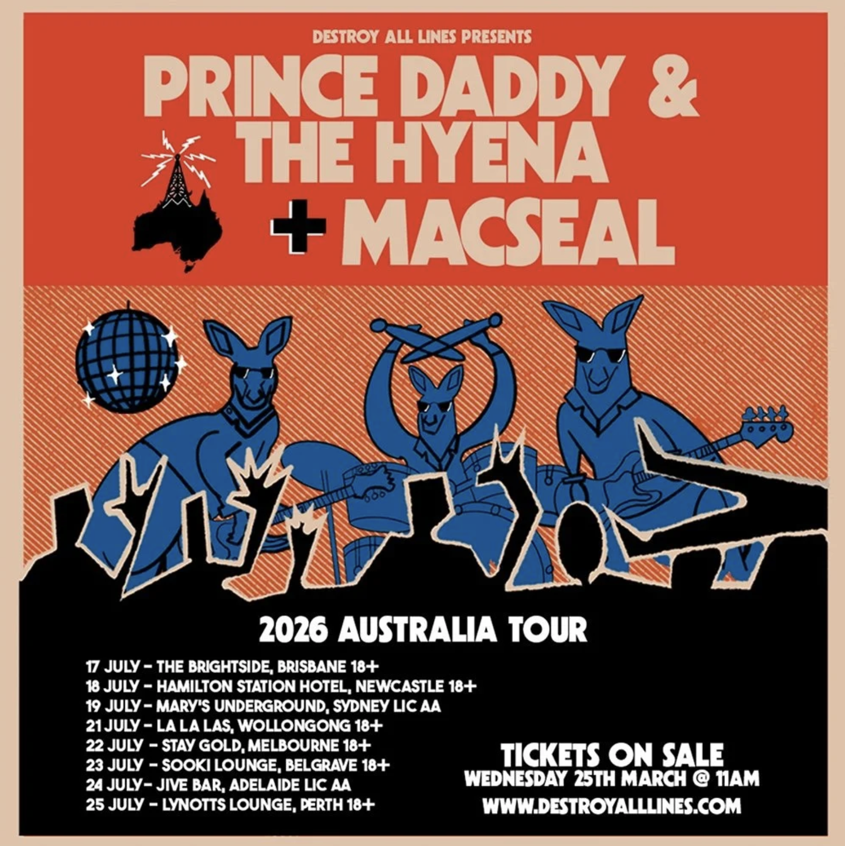 Prince Daddy & The Hyena and Macseal 2026 Australia Tour poster featuring kangaroos with instruments and dates for Brisbane, Sydney, and Melbourne.