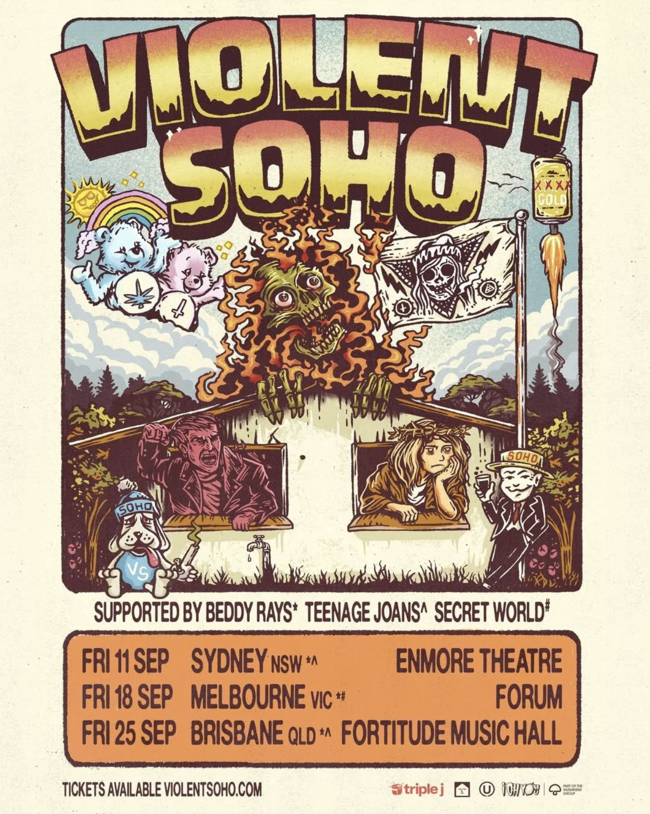 Violent Soho tour poster with Beddy Rays, Teenage Joans, Secret World. Shows dates for Sydney, Melbourne, Brisbane. Illustrated 70s-style art. (146 characters)
