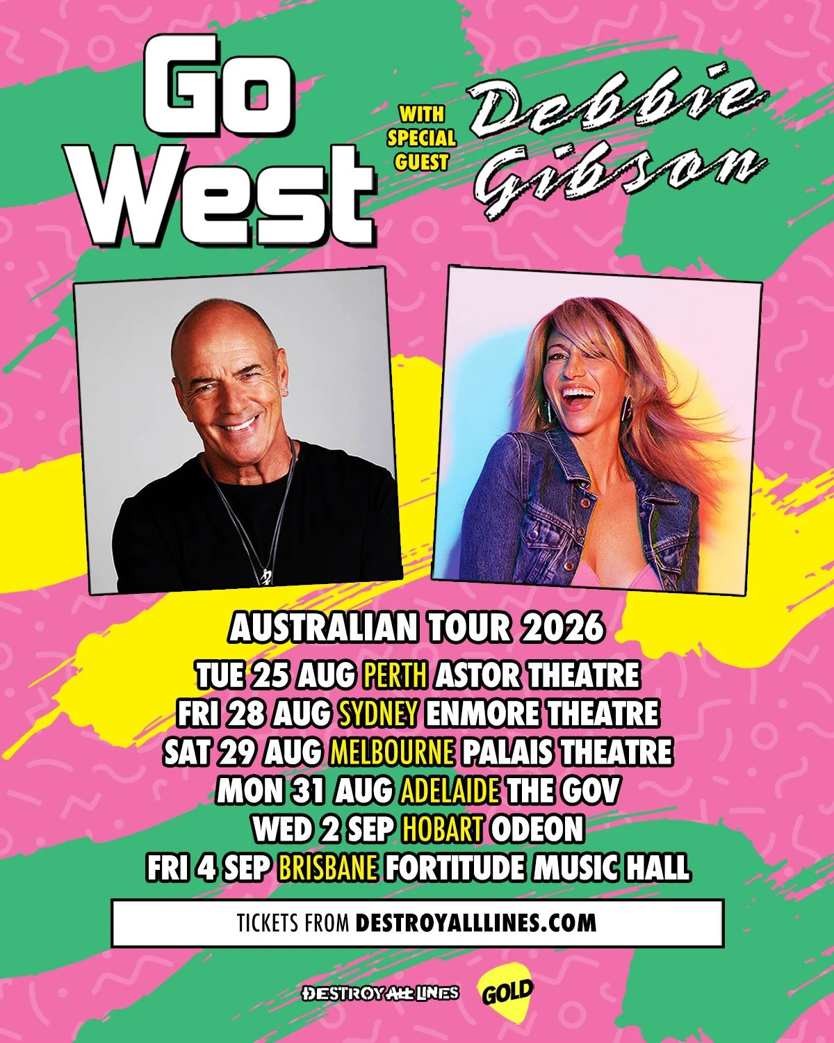 Go West Australian Tour 2026 poster featuring Peter Cox and special guest Debbie Gibson, listing August and September dates in 80s neon style.