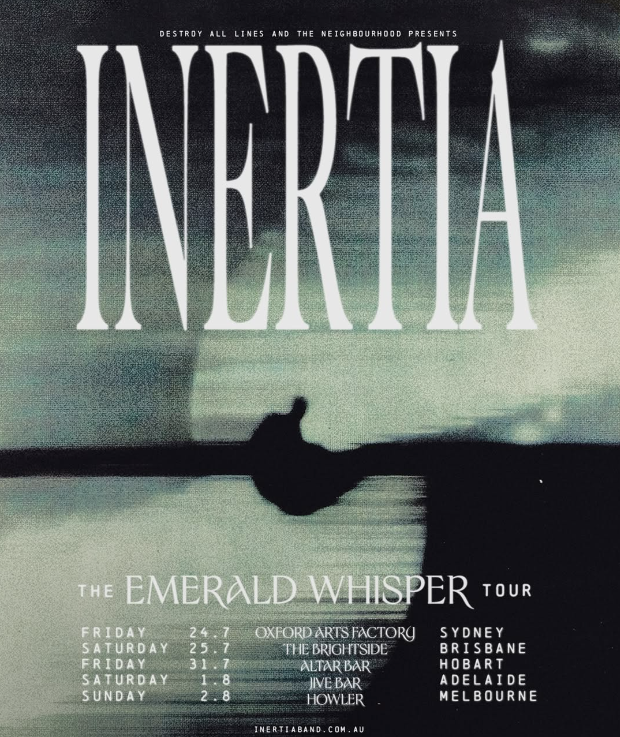 Inertia The Emerald Whisper Tour poster with large white text over a dark silhouette graphic on a hazy green backdrop for Inertia Tour Poster
