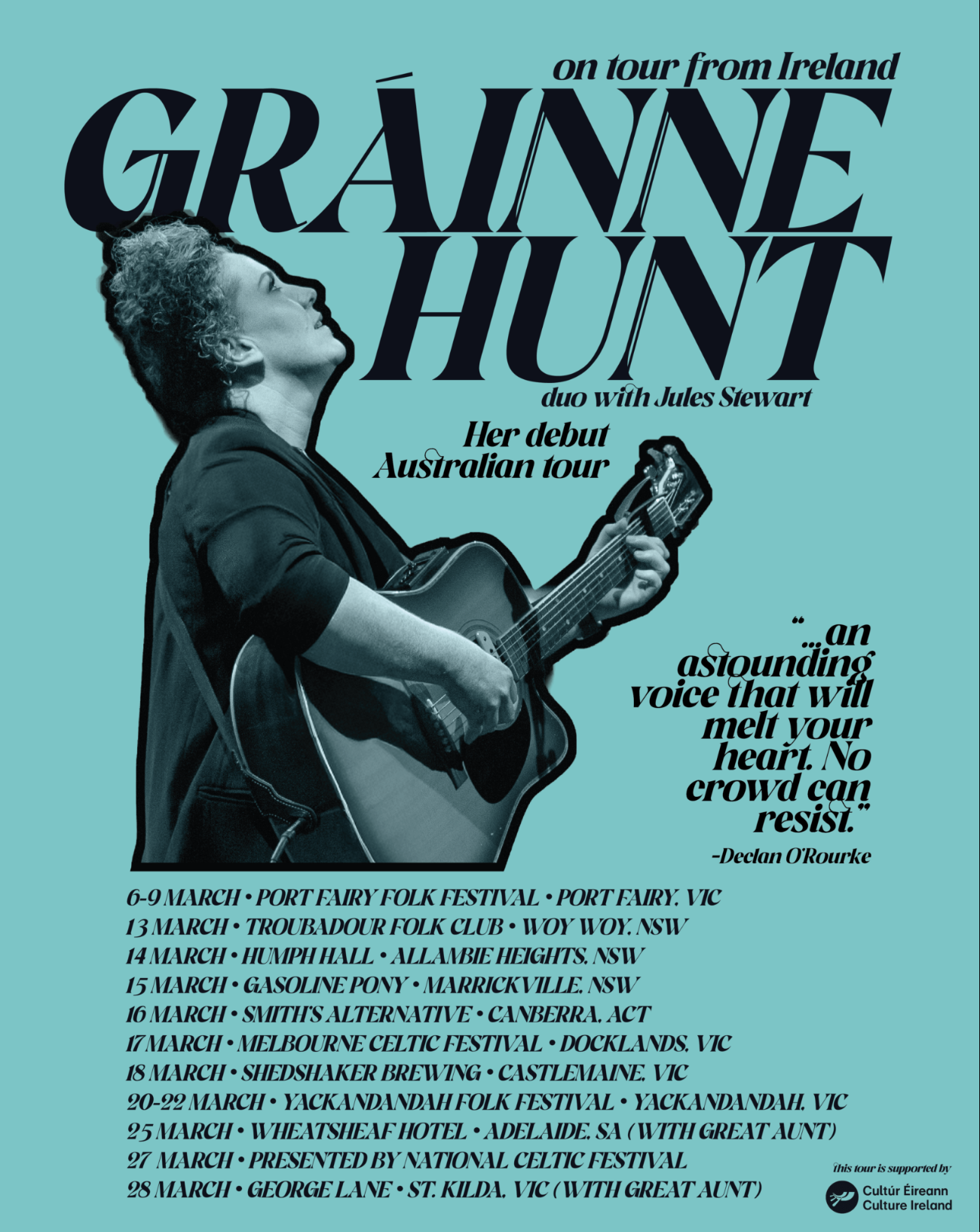 Gráinne Hunt debut Australian tour poster, featuring the Irish singer with a guitar, Jules Stewart, and March concert dates across Victoria and NSW.