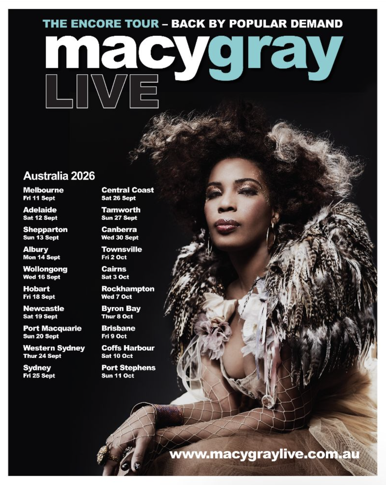 Macy Gray Australia 2026 tour poster for The Encore Tour, listing live concert dates across Melbourne, Sydney, Brisbane, Adelaide, and regional cities.