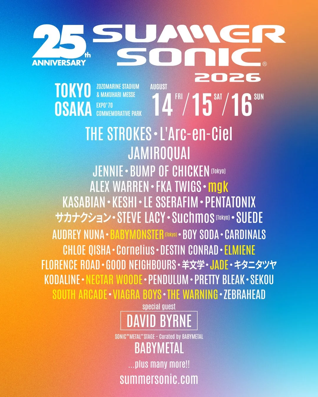 Summer Sonic 2026 25th Anniversary poster for Tokyo and Osaka. Lineup includes The Strokes, Jamiroquai, and special guest David Byrne.