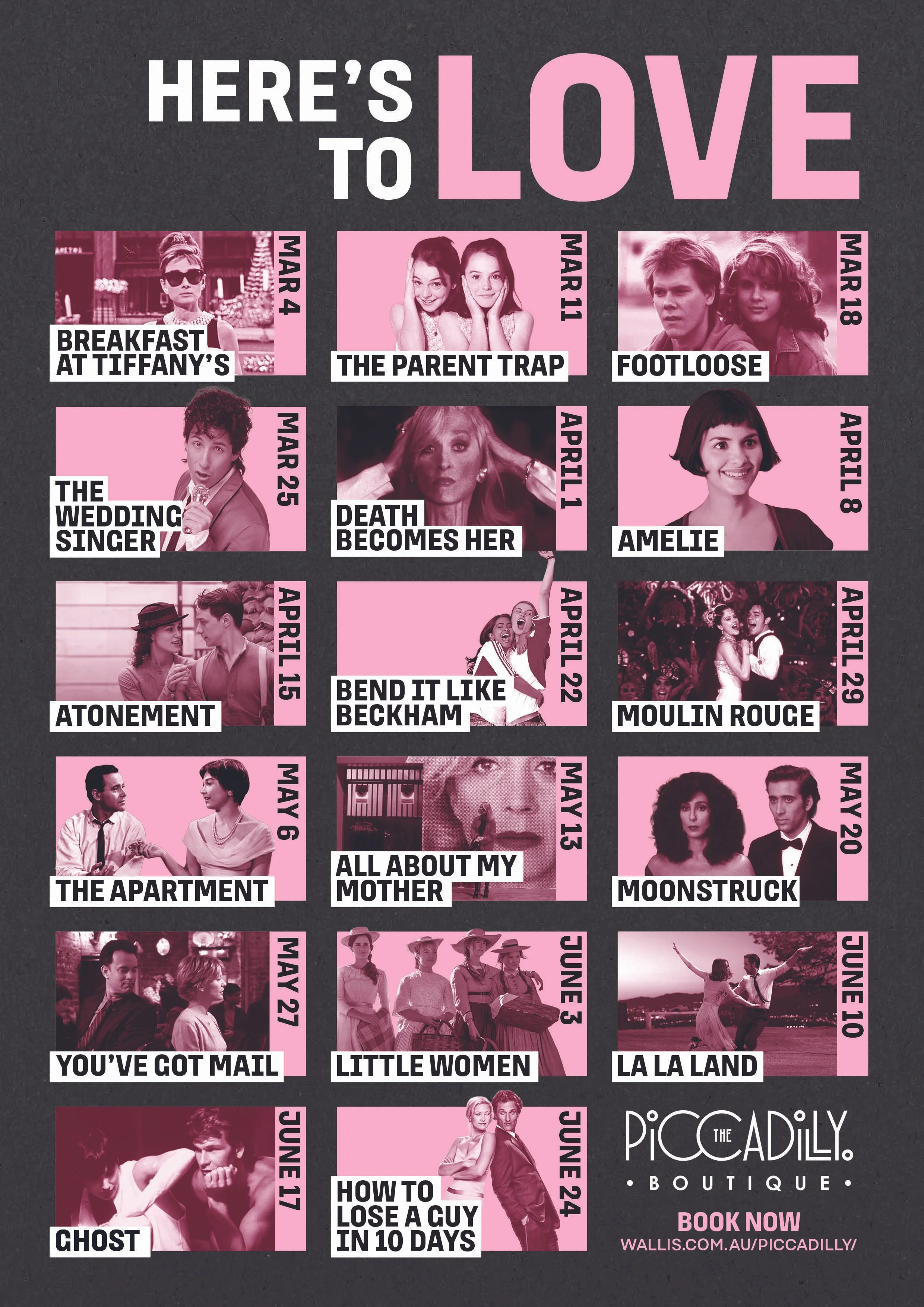 Movie poster for "Here's To Love" at Piccadilly Boutique, featuring a pink-themed grid of classic films like Breakfast at Tiffany’s and La La Land.