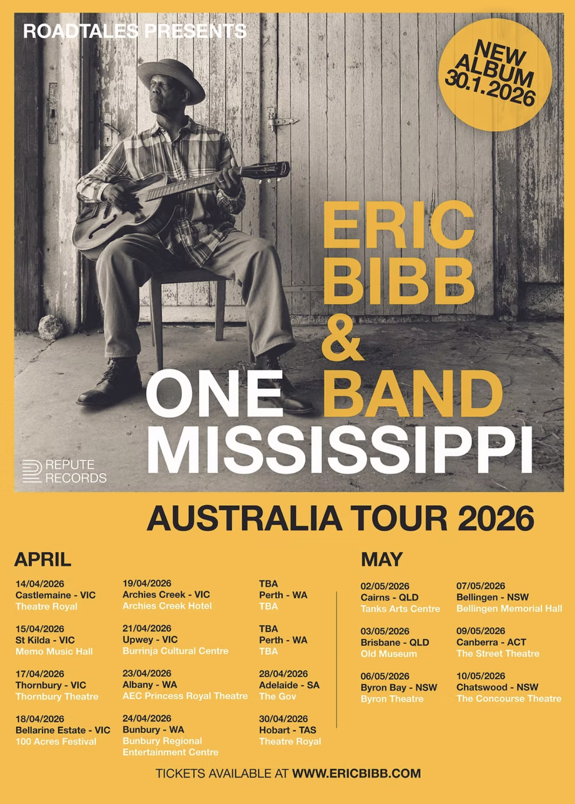 Eric Bibb and One Band Mississippi Australia Tour 2026 poster with dates, venues, and a photo of Eric Bibb playing guitar.