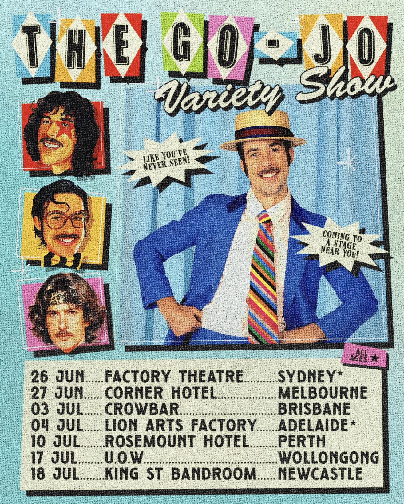 Retro tour poster for "The Go-Jo Variety Show" featuring Go-Jo in a blue suit. Includes June/July Australian tour dates in Sydney, Melbourne, and Perth.