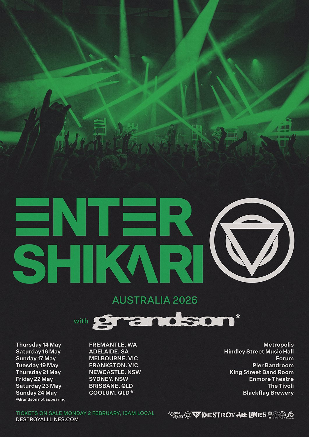 Enter Shikari Australia 2026 tour poster with Grandson. Features green text and a concert crowd, listing May dates in Melbourne, Sydney, and Brisbane.