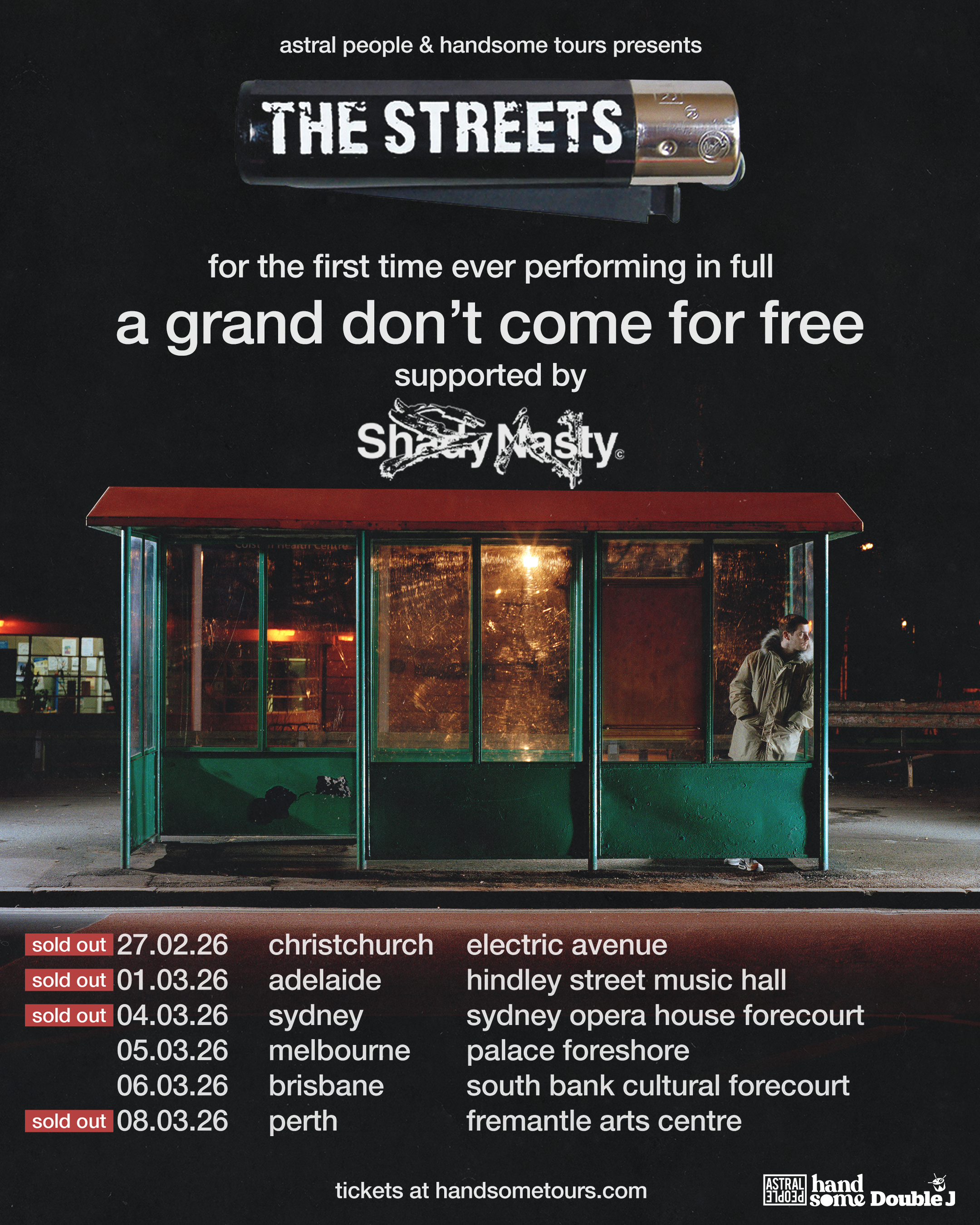 "The Streets" 2026 Australian tour poster for "A Grand Don't Come For Free" in full. March dates for Adelaide, Sydney, Melbourne, Brisbane, and Perth.
