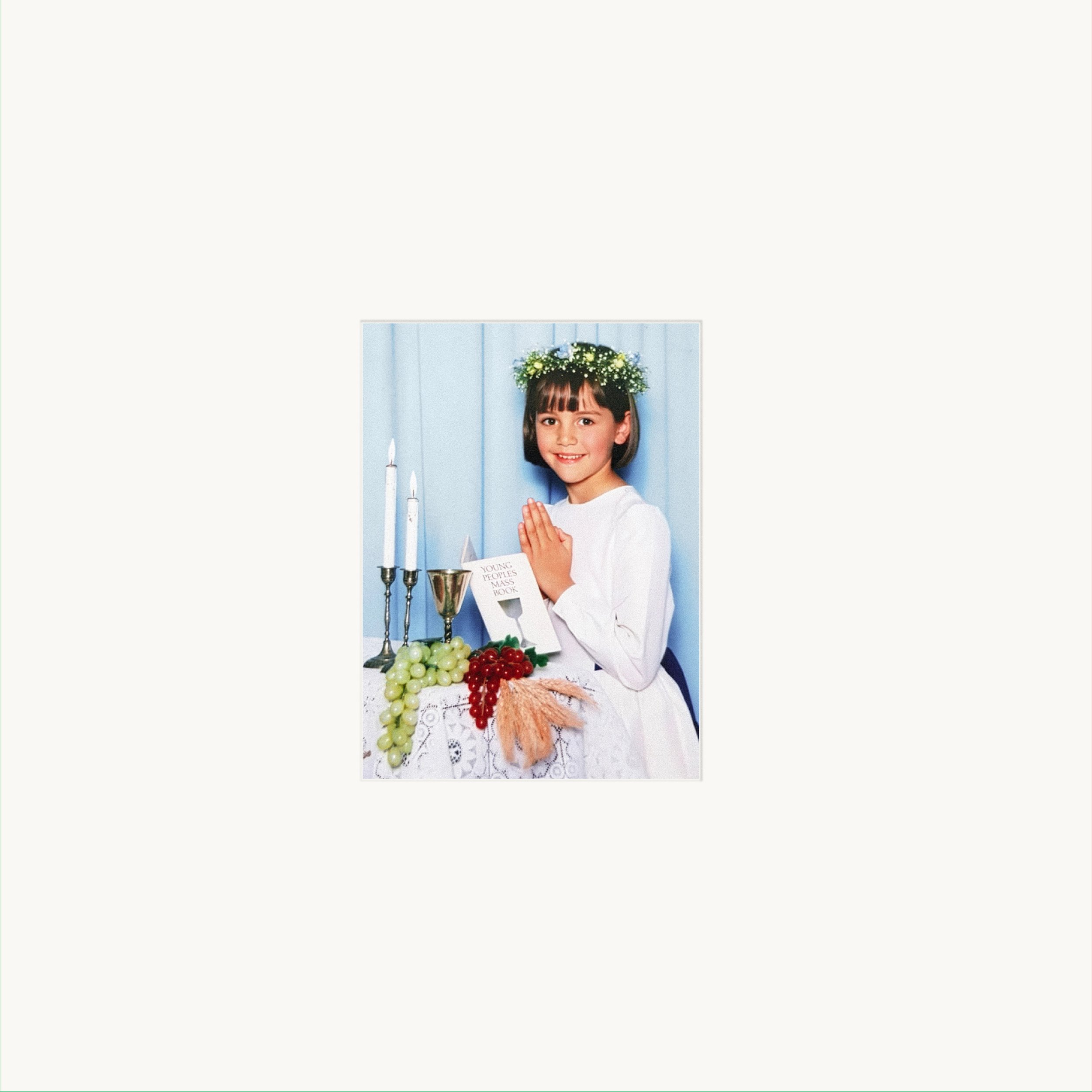 Logic1000 All In For You album cover art featuring a central childhood photo of a girl in a white communion dress praying by a table