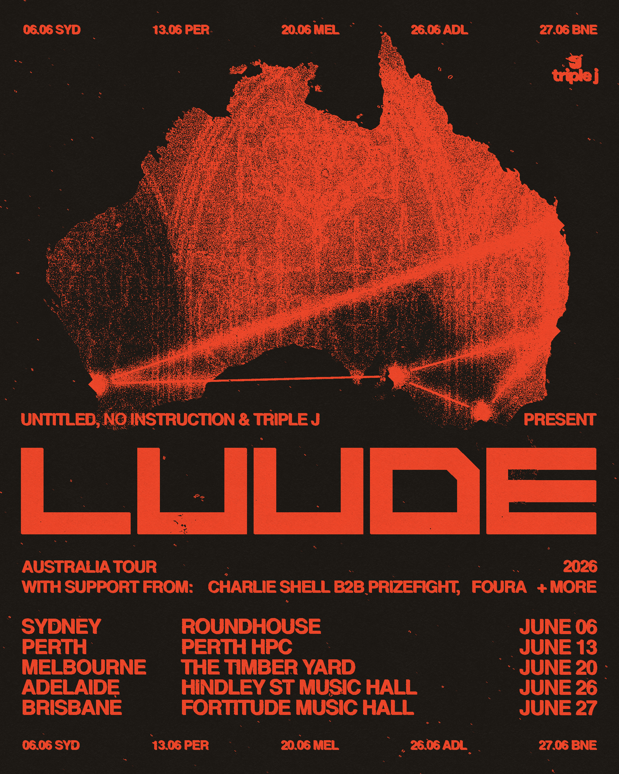 Tour poster for Luude’s 2026 Australia Tour, featuring dates in Sydney, Perth, Melbourne, Adelaide, and Brisbane with support from Charlie Shell.