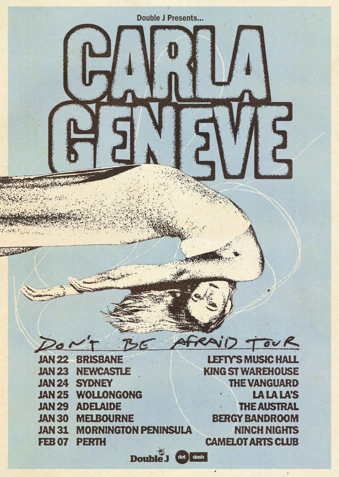 Carla Geneve "Don't Be Afraid Tour" poster. Blue retro design shows an inverted figure and lists tour dates for Brisbane, Sydney, Melbourne, and Perth.