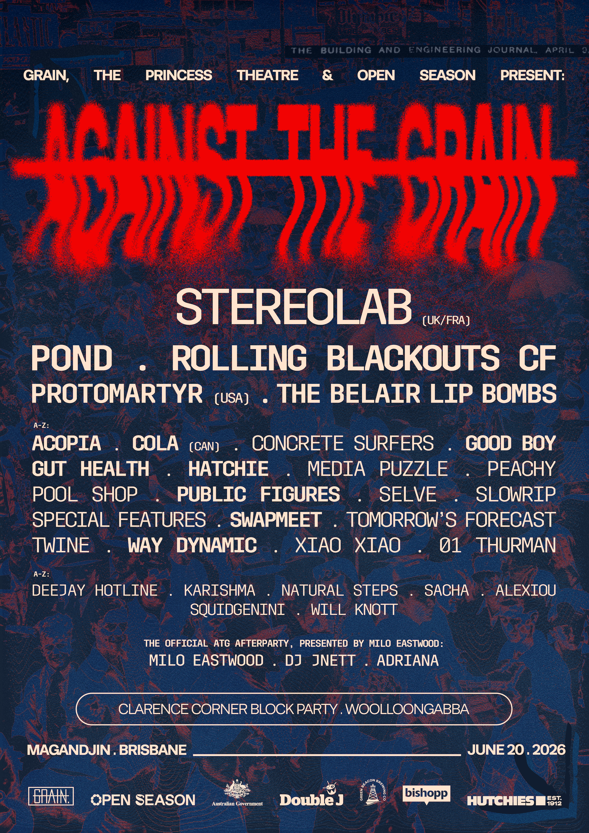 Against the Grain festival poster for June 20, 2026, in Brisbane, featuring Stereolab, Pond, and Protomartyr at the Clarence Corner Block Party.