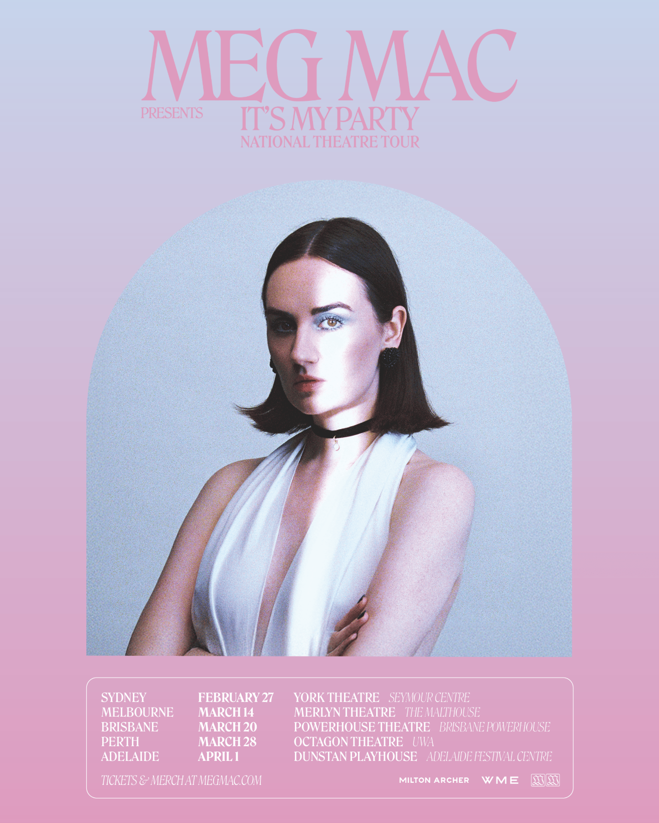 Meg Mac 2026 "It's My Party" national theatre tour poster featuring a portrait of the artist in white against a pink and purple gradient background.