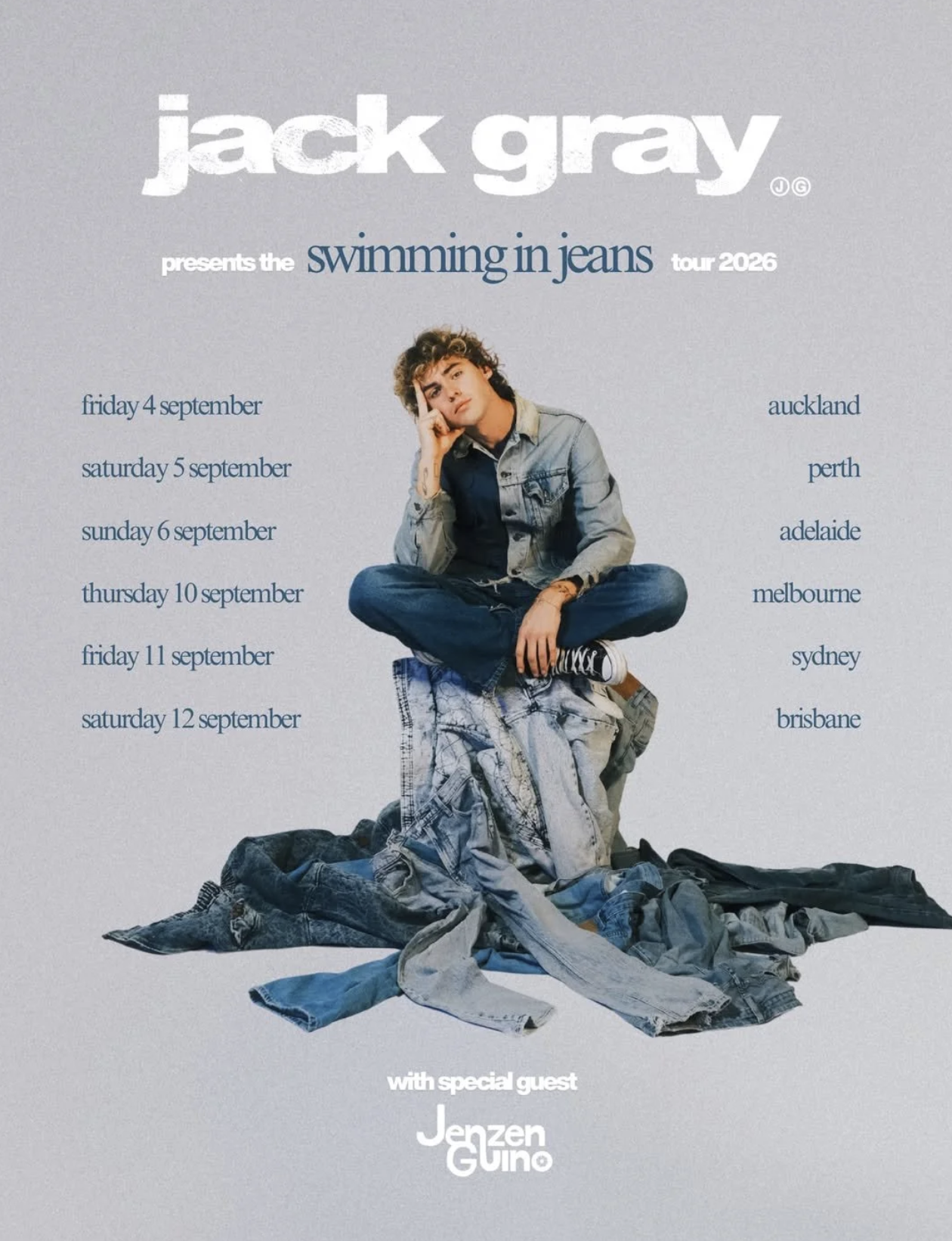 Jack Gray tour poster for the Swimming in Jeans Tour 2026 with special guest Jenzen Guino, listing concert dates across Australia and Auckland.