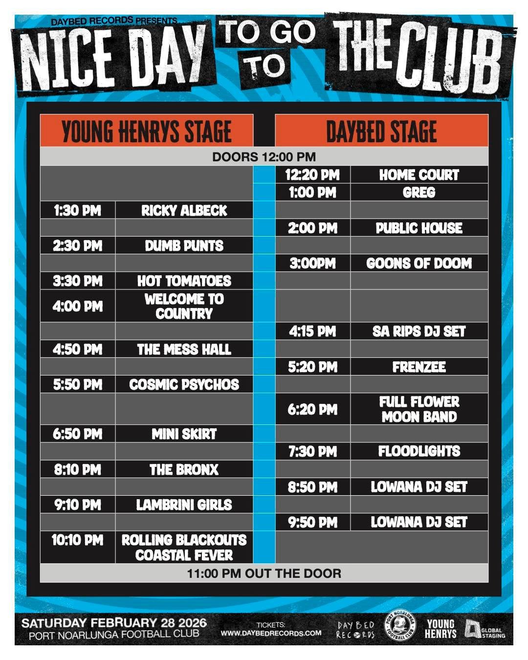 Set times for Nice Day To Go To The Club 2026 at Port Noarlunga Football Club. Feat. Cosmic Psychos, The Bronx, Lambrini Girls, and Floodlights.