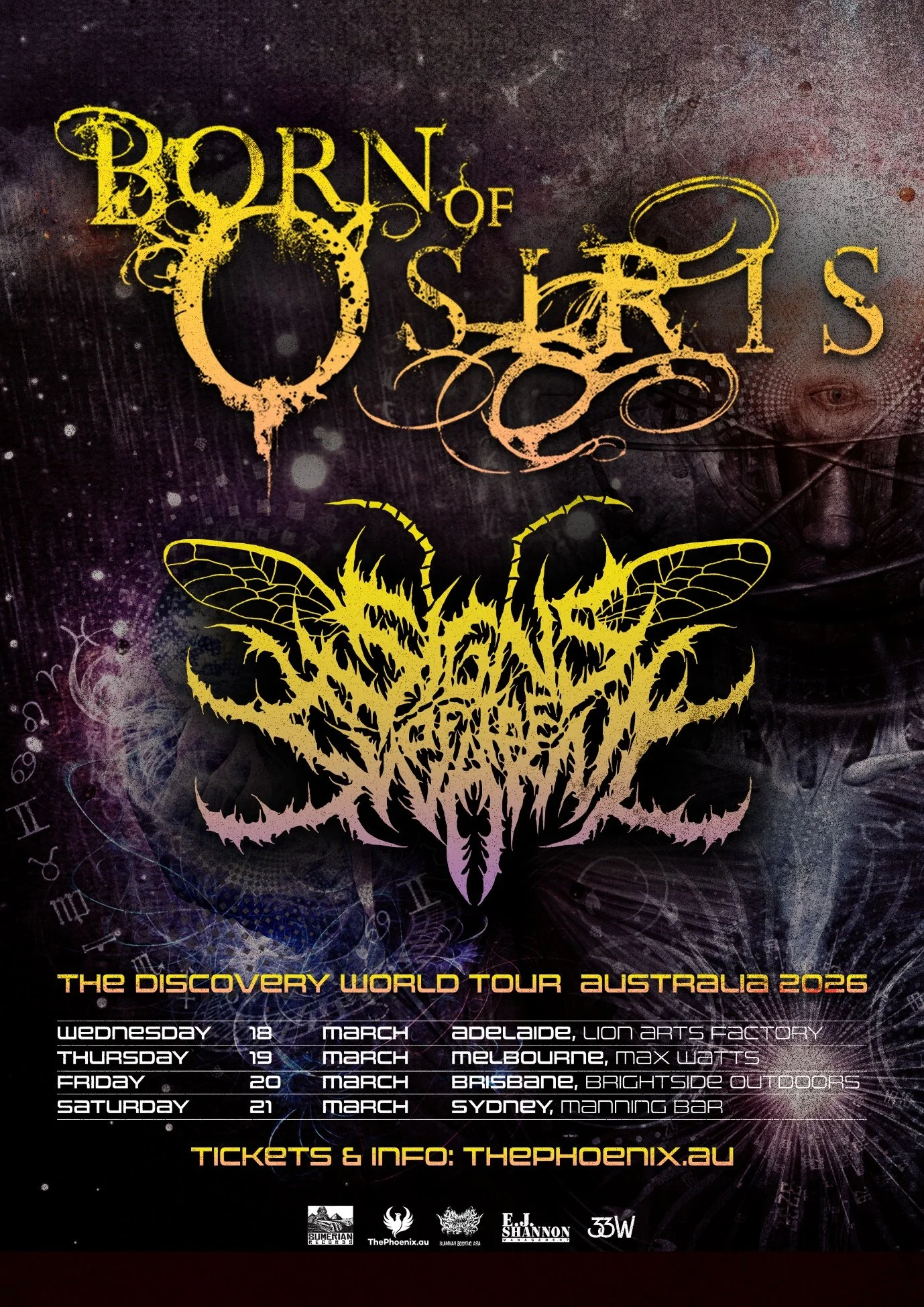 Born of Osiris "The Discovery World Tour Australia 2026" poster with ornate yellow font and a complex, dark background. Tour dates listed.