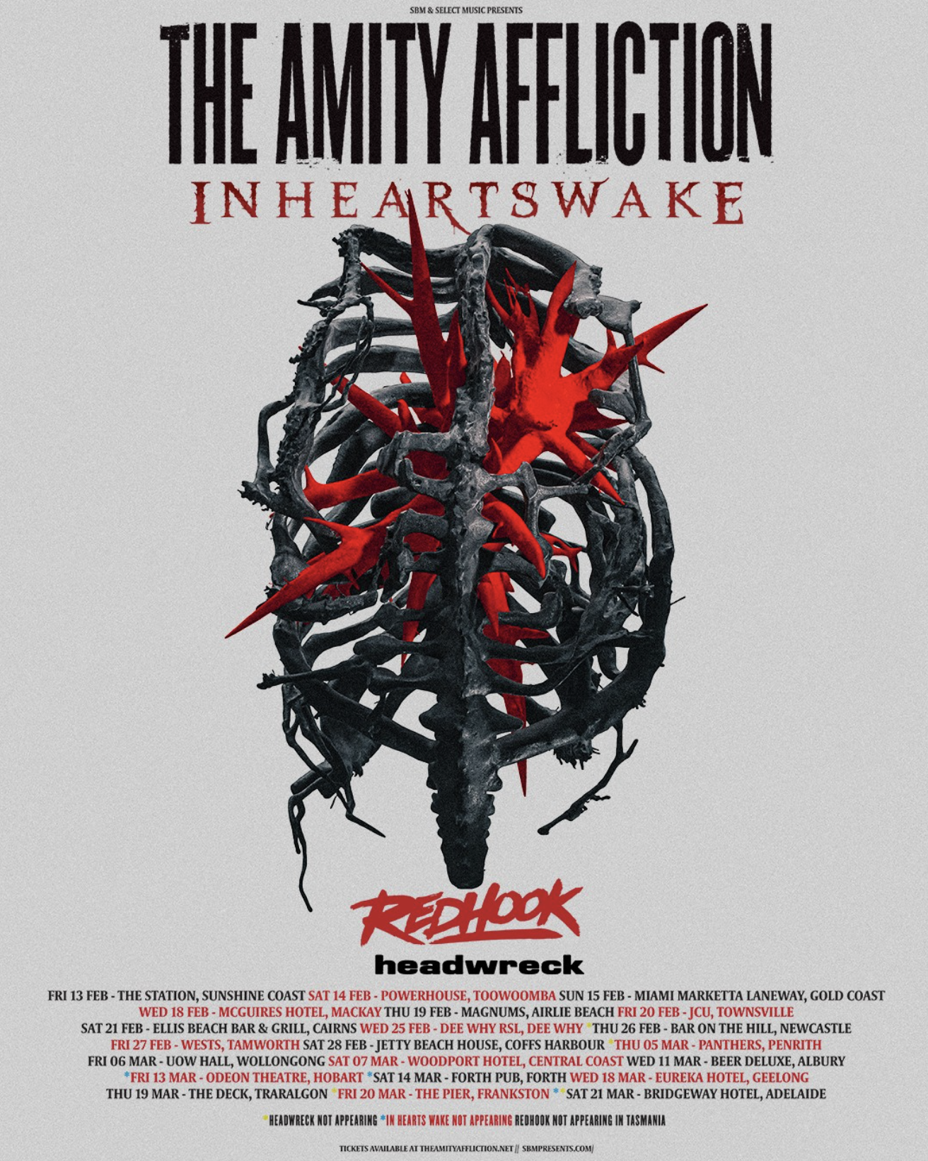 The Amity Affliction 'In Hearts Wake' tour poster with support RedHook and Headwreck, featuring a stylized black ribcage with a red heart.